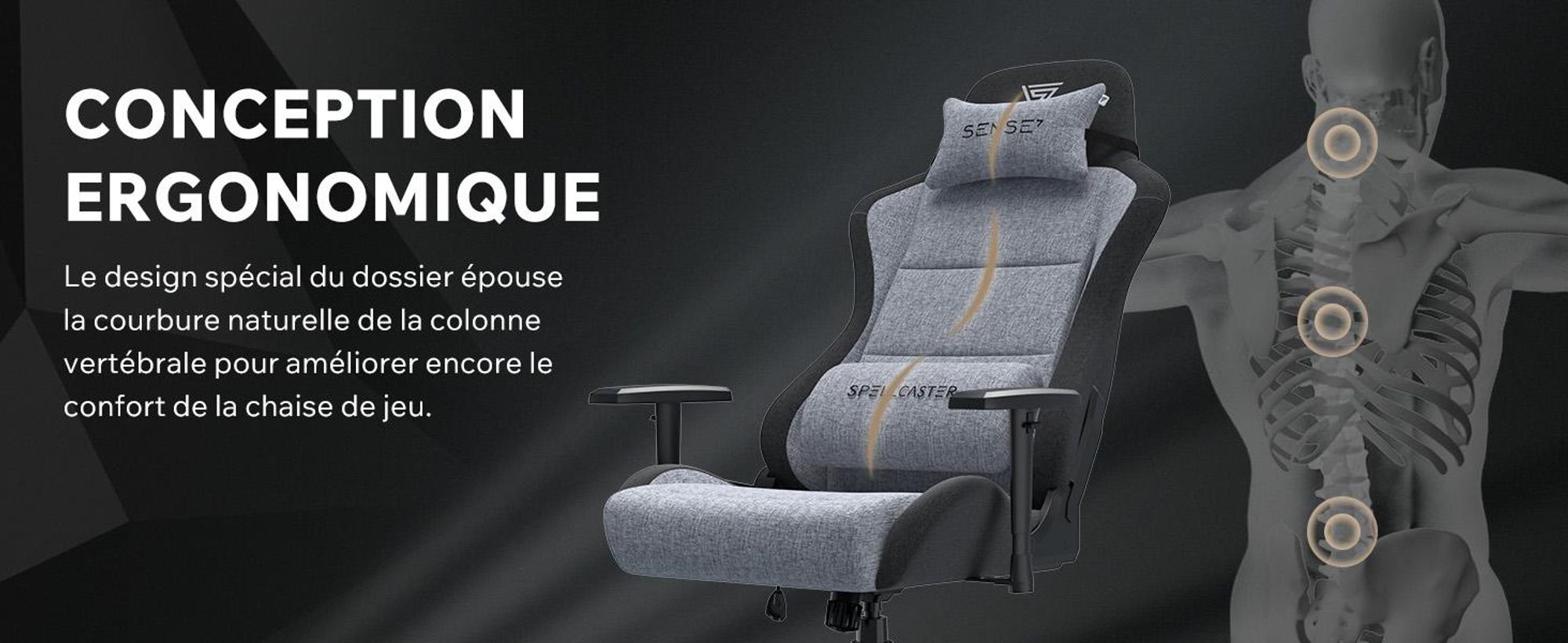 Fauteuil gaming SENSE7 Spellcaster FUKU XL en tissu gris et noir - Fauteuil de bureau ergonomique pouvant supporter jusqu'à 160 kg, avec fonction basculante et roulettes pour sols durs