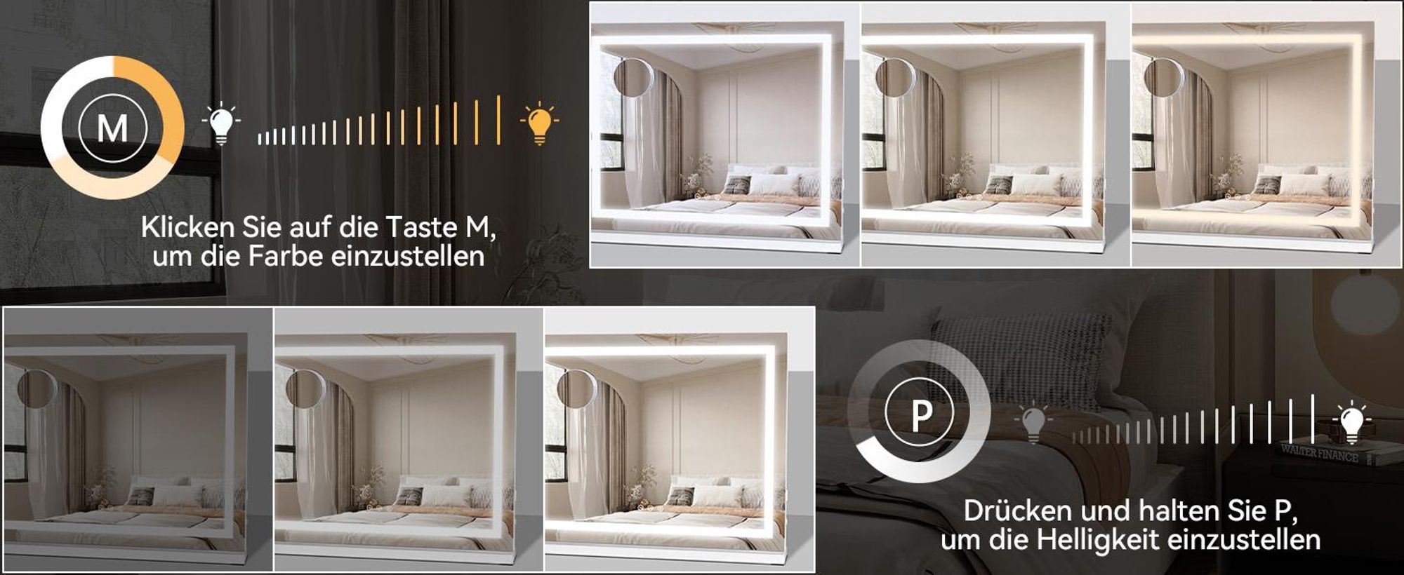 Puluomis Kosmetikspiegel Schminkspiegel 58x45 cm Hollywood Spiegel, dimmbar mit LED Beleuchtung 3 Farben, 2 in 1 Tischspiegel Wandspiegel viereckig