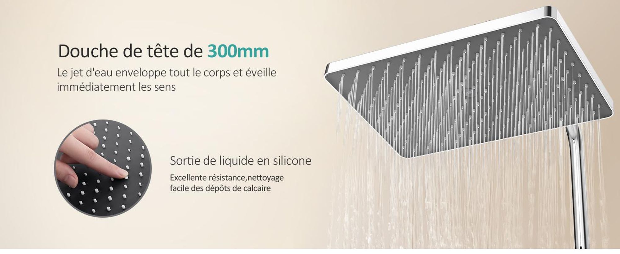 EMKE Système de douche avec thermostat tablette en verre douchette à main 3 jets douche à effet pluie, robinetterie de salle de bains & douche, montage mural, KTW, chrome - F09