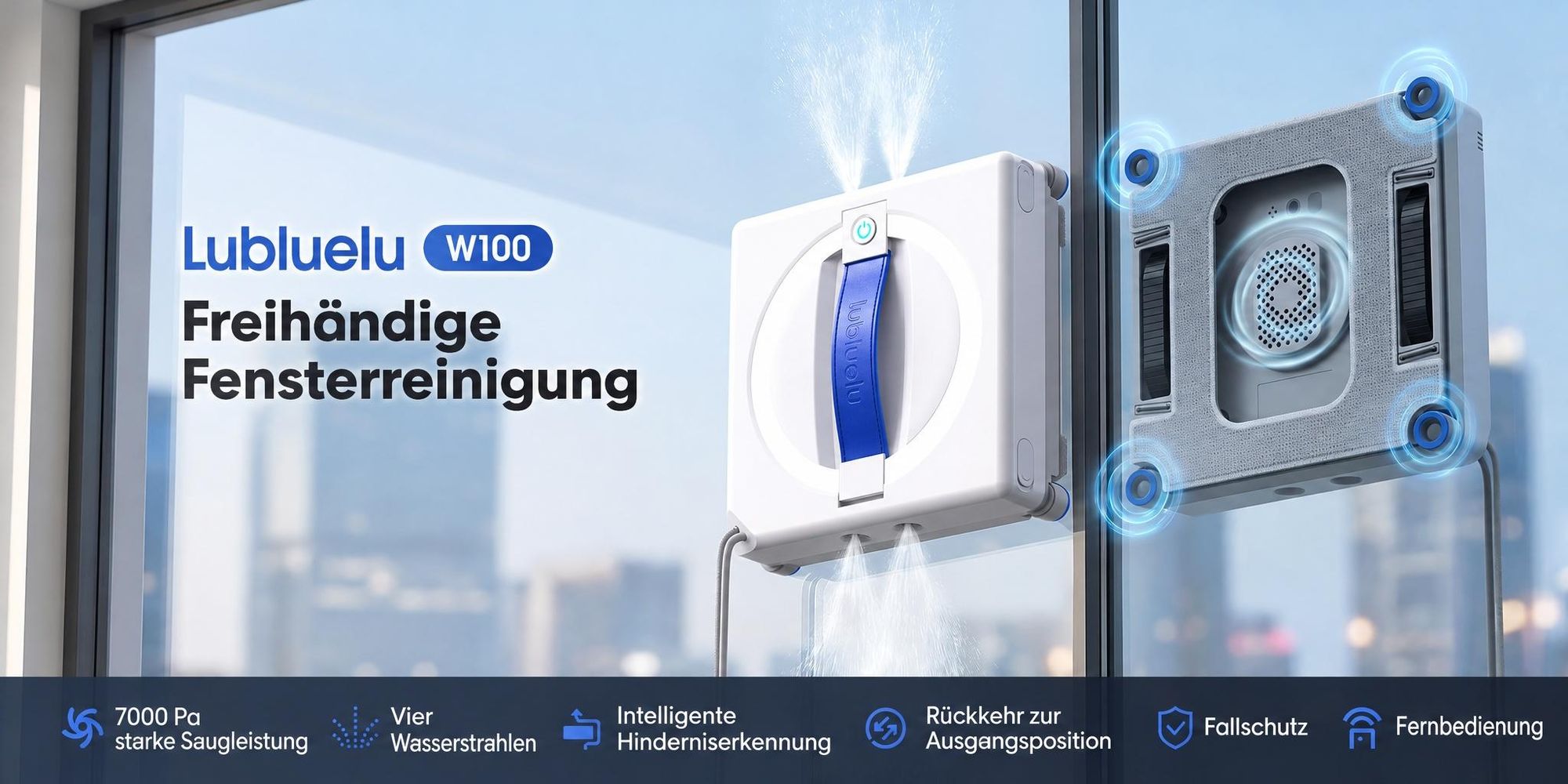 Lubluelu W100 Fensterputzroboter mit Sprühfunktion, 7000 Pa Saugkraft, Fernbedienung & 4 m Sicherheitsseil, inkl. 4 waschbarer Mikrofasertücher