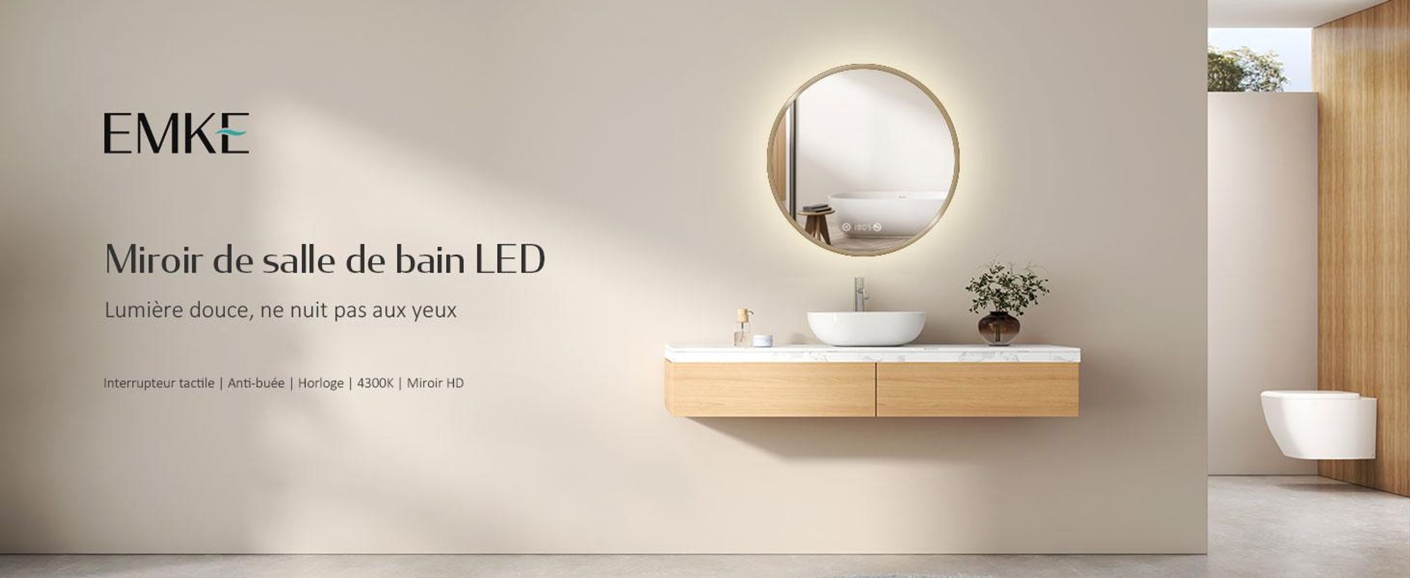 EMKE Miroir de salle de bain rond LED avec éclairage ф60cm Cadre doré brossé Miroir de salle de bain rond avec antibuée, horloge, température, variateur, fonction mémoire - Lumières neutres 4300K