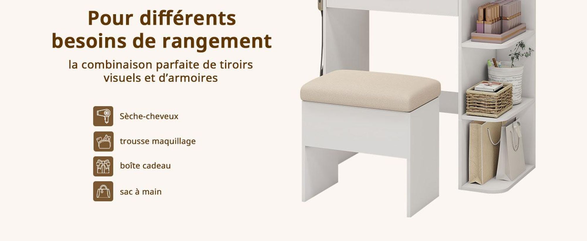 Table de maquillage Puluomis avec éclairage LED réglable, table de coiffure avec tiroir, support pour sèche-cheveux, ports USB et prises, plateau en verre, tabouret avec rangement, couleur blanche