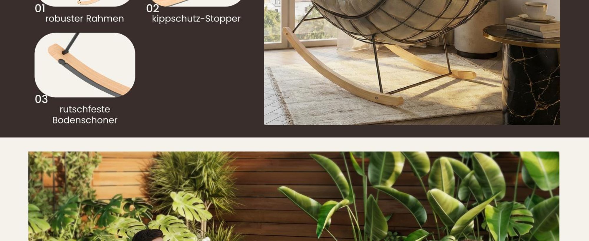FLEXISPOT 2er Set Gartenstühle Schaukelsessel & Loungesessel mit Kissen, stabilem Metallrahmen, ideal für Balkon, Terrasse, Garten & Wohnzimmer, Beige