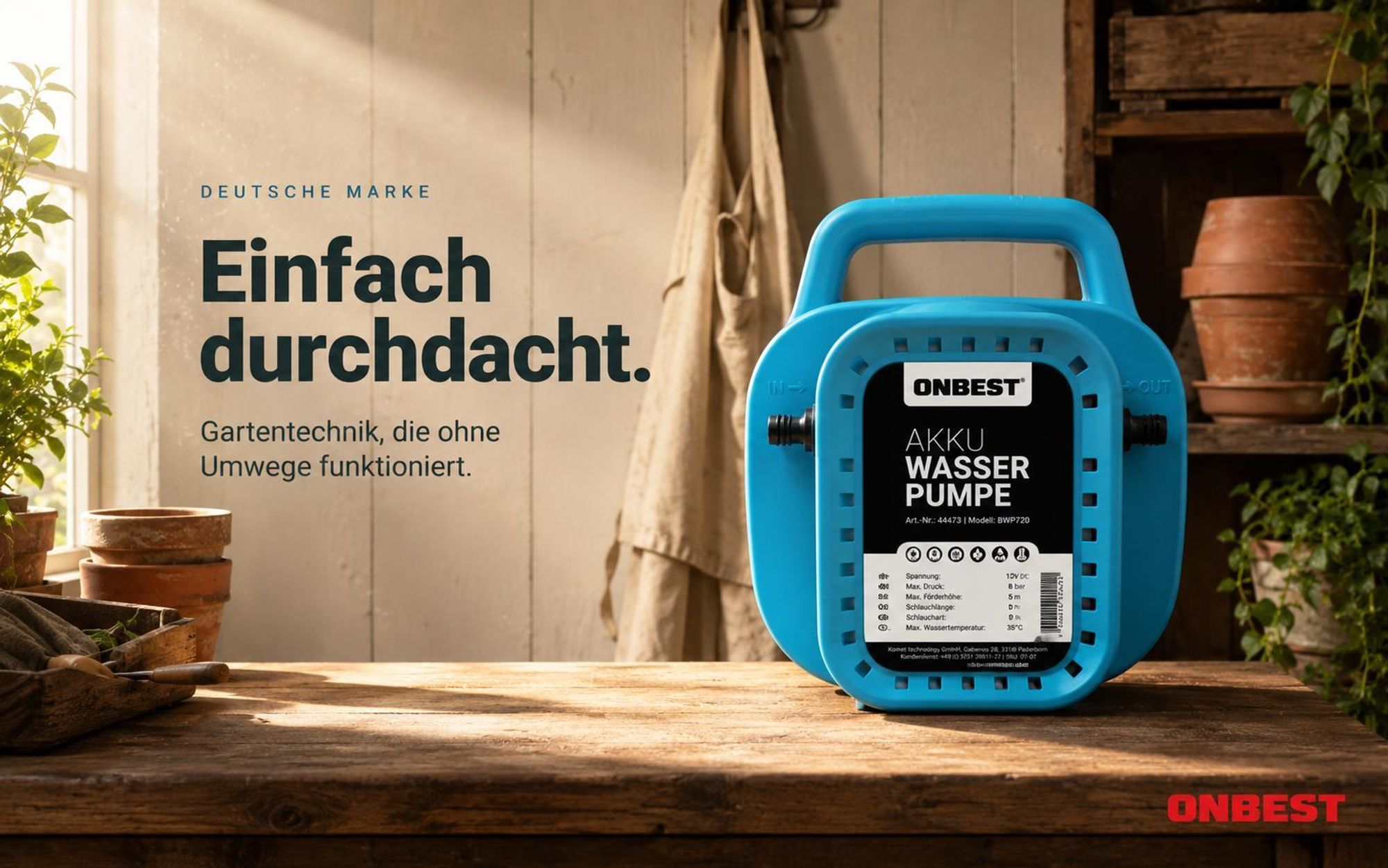 Akku Wasserpumpe ONBEST BWP720 | 12V 8000 mAh | 8 bar & 80 m Förderhöhe | Selbstansaugend | Gartenpumpe kabellos