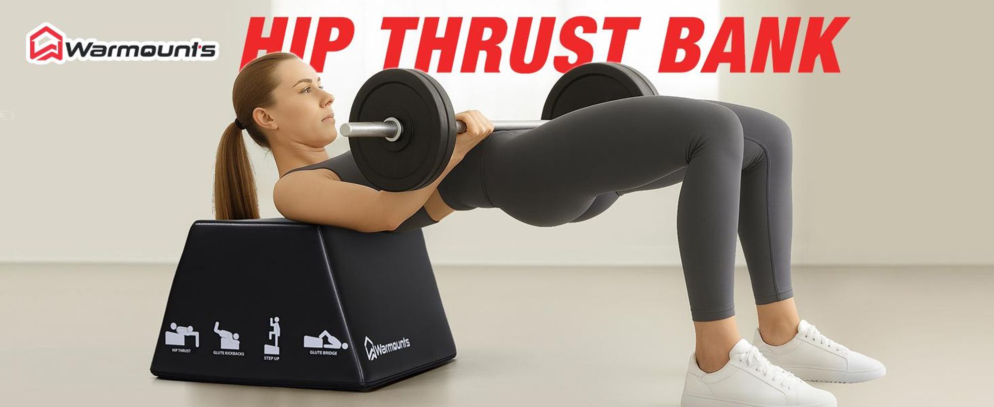 WARMOUNTS Hip Thrust Bank 317kg Belastbar Glute Bridge Box Krafttraining Home Gym Rutschfest mit Griff, Größe L 44x59,9x30cm