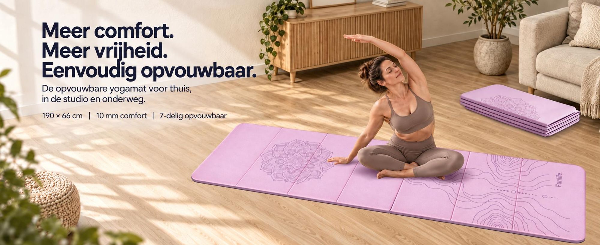 FunLife Opvouwbare Yogamat XXL, 190x66 cm – 10 mm dik, antislip fitness- en gymnastiekmat voor yoga, Pilates, thuisoefeningen en buitenshuis