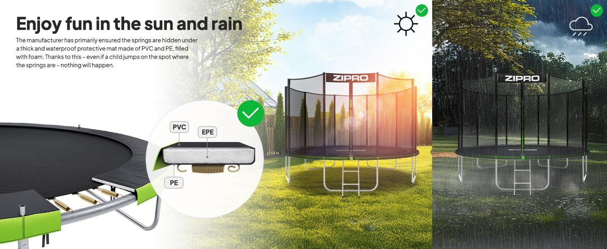 ZIPRO Trampolína Jump Pro Out | 10FT Ø 312 cm | Zahradní trampolína Dětská trampolína Kompletní sada včetně vnější sítě, žebříku a krytu okraje, venkovní, zelená