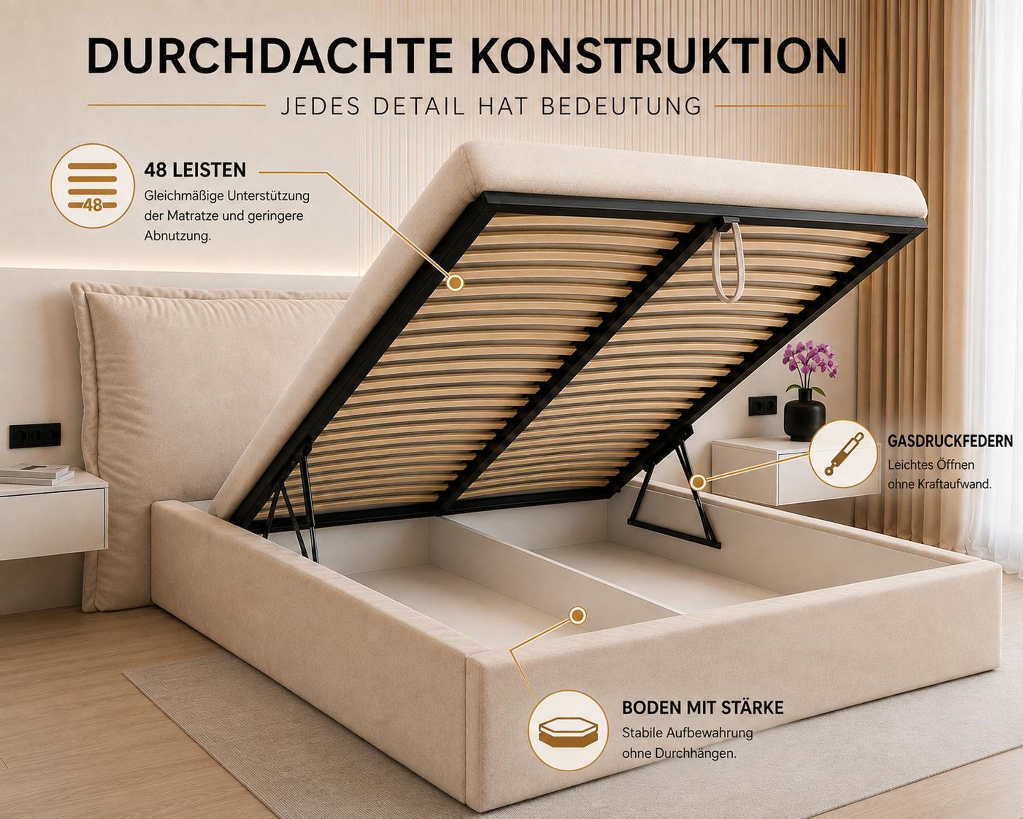 VALLH Polsterbett Bett 200x200 mit bettkasten Beige Samt - Kissenkopfteil mit lattenrost (Sofia Piano 17)