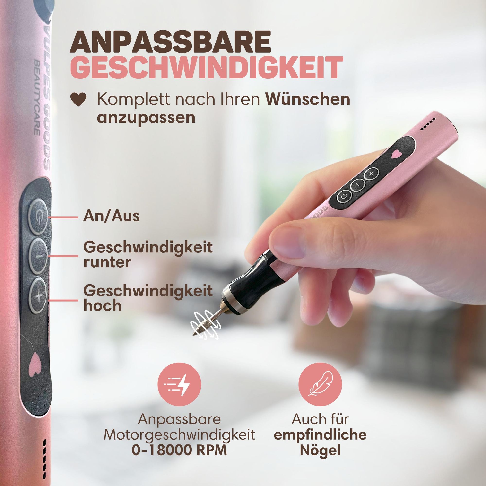Vulpes Goods Elektrische Nagelfräser, Maniküre und Pediküre Set, Nagelfeile, Drahtlos & Aufladbar, Nagelpfeile, 11 Nagelfräser-Bits, 96 Schleifrollen