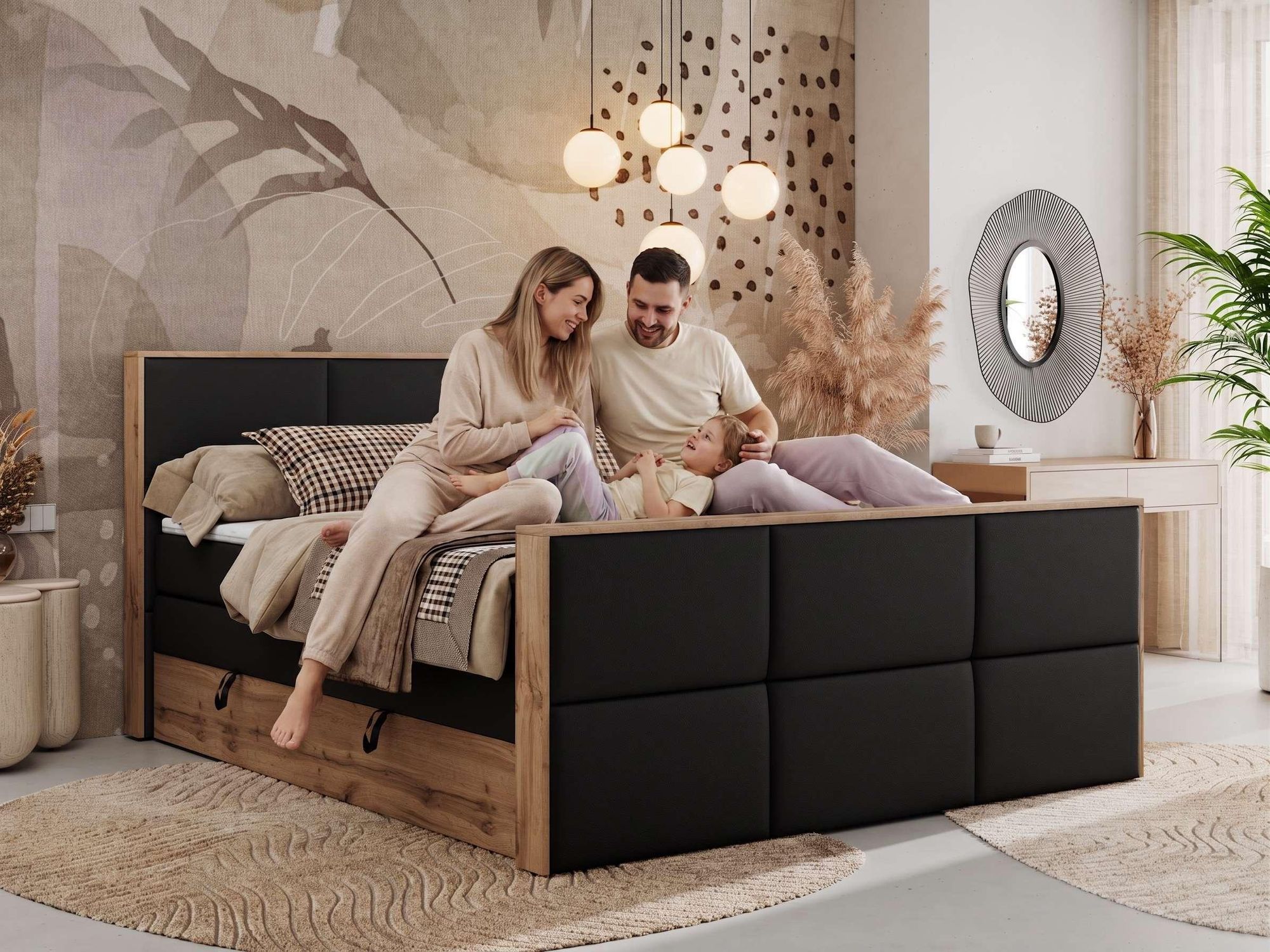 Familie auf einem schwarz Bett