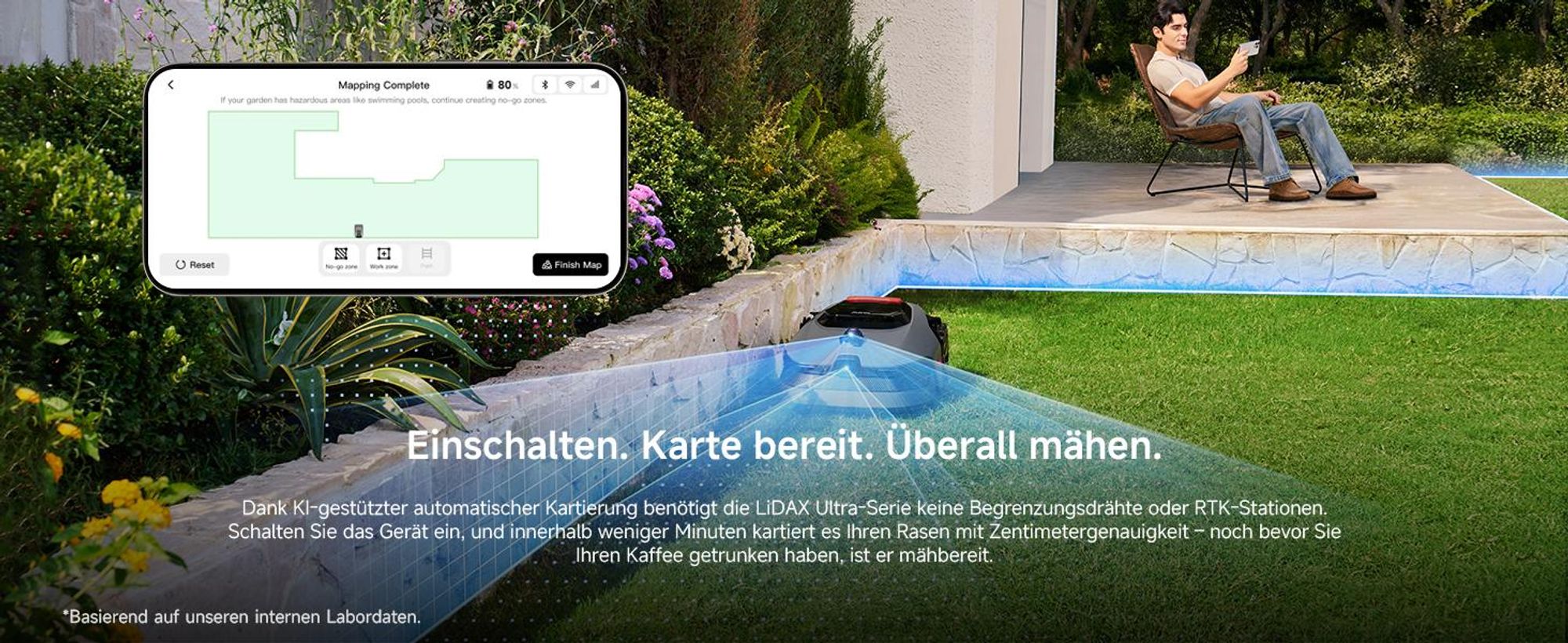 MOVA LiDAX Ultra 800 Mähroboter – 500–800㎡, 3D-LiDAR & AI Vision, 360°, 5 cm Kantenschnitt, Automatische Kartenerstellung