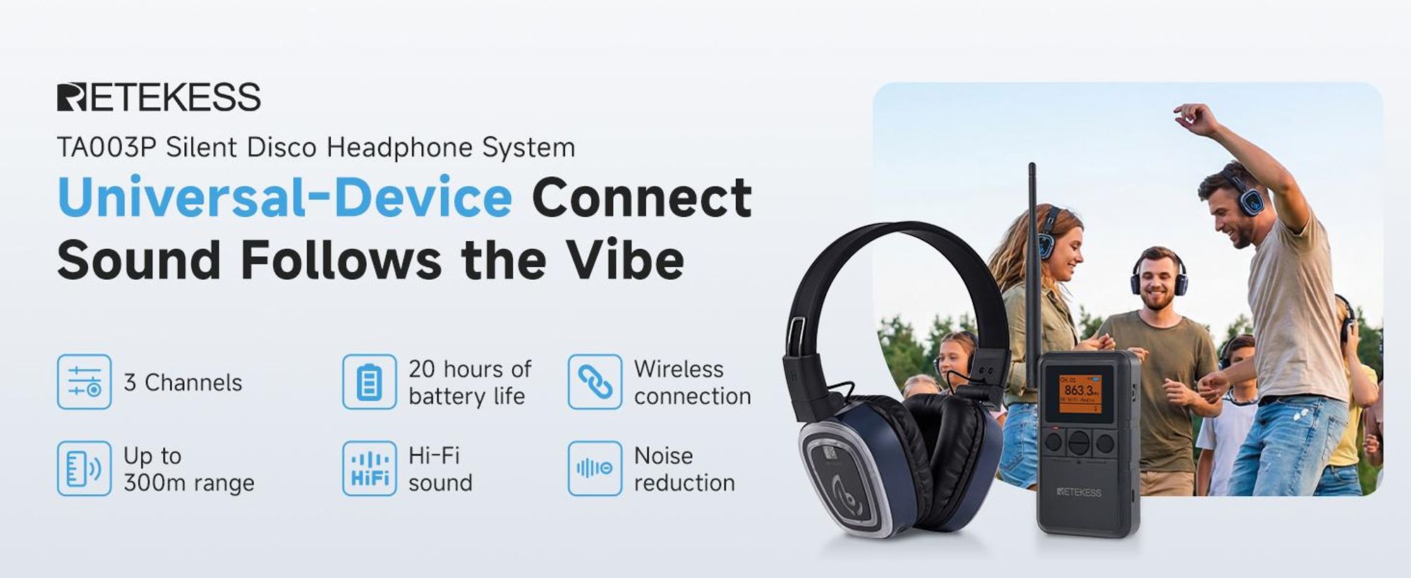 Slúchadlá Retekess TA003P-TA004S na skupinové cvičenie, jogu, hands-free, Hi-Fi kvalita zvuku, 12 hodín, nastaviteľné náušníky, vhodné na tichú diskotéku