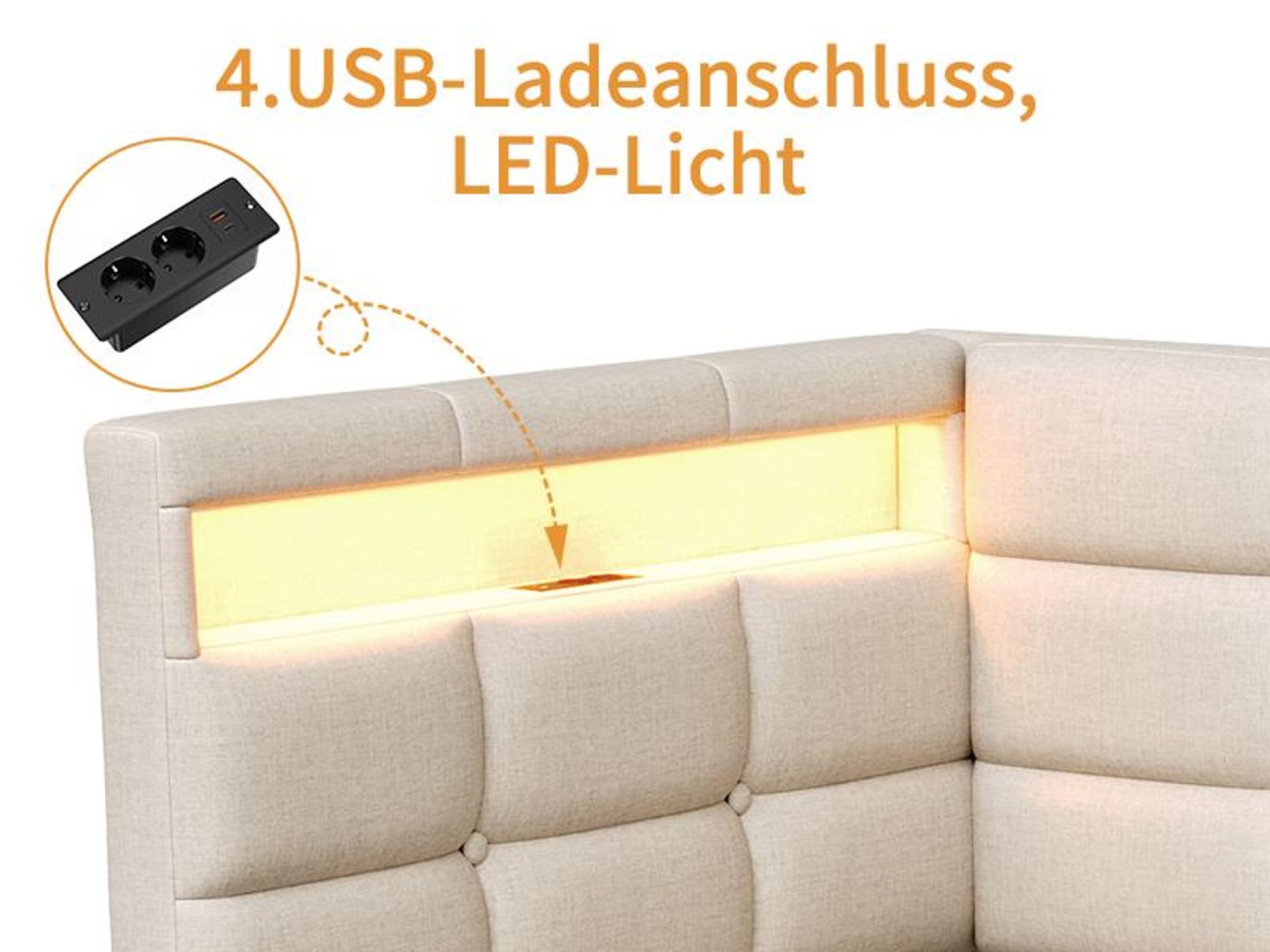 INONEFT Polsterbett Einzelbett 90×200cm,Tagesbett mit LED und USB/C,L-förmiges Holz-Plattformbett mit 2 Schubladen und Lattenrost,Leinen, Beige