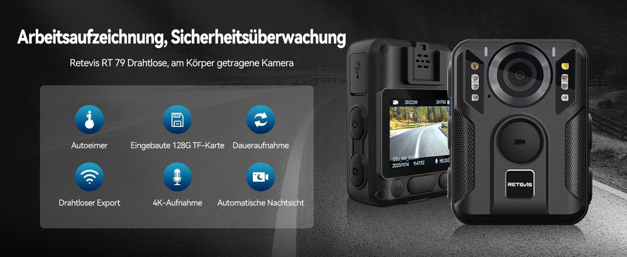 Retevis RT79 Körper Kamera, 128G Body Camera mit GPS, 2K/4K, Typ-C, Auto Saugnapf, Tragbarer Bodycam Körperkamera, Polizeirekorder, Fahrtenschreiber