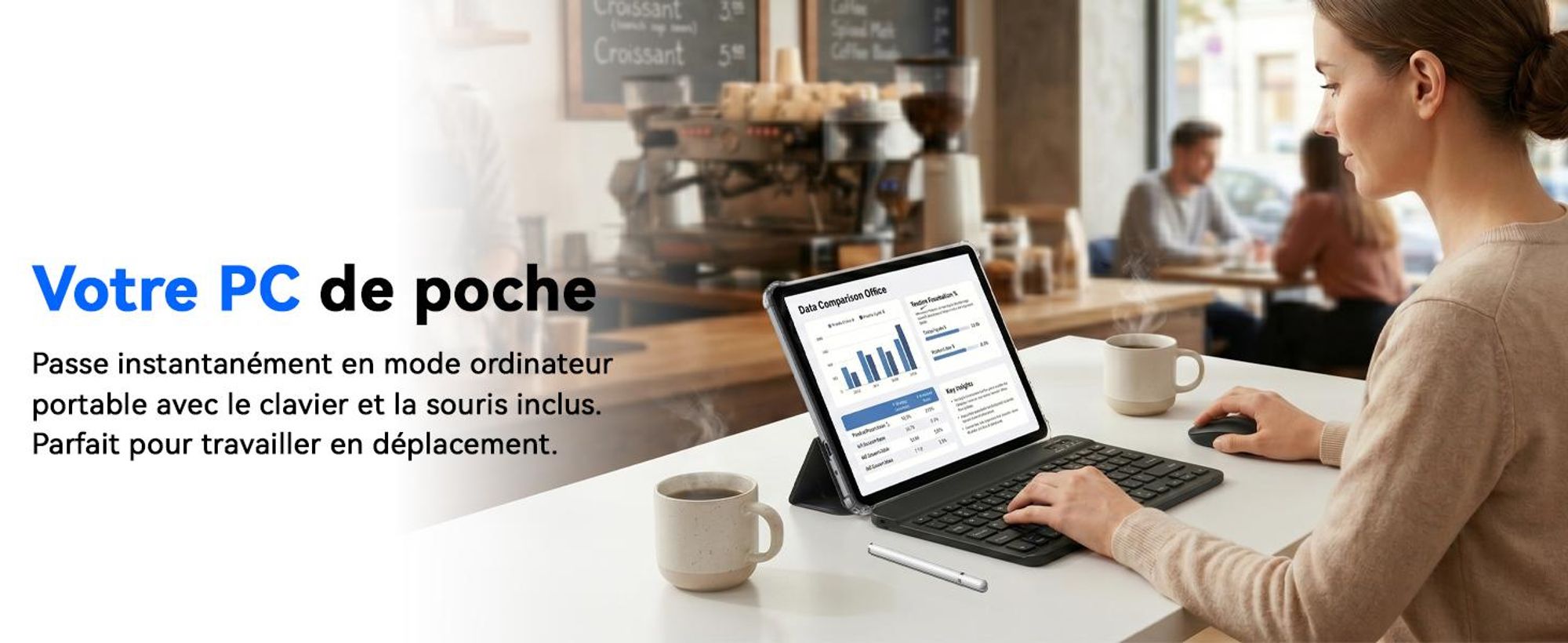 Tablette TABWEE T70 de 11 pouces, 32 Go (8 Go RAM + 24 Go stockage) + 256 Go de stockage, Android 16, batterie de 8000 mAh, Bluetooth 5.0, reconnaissance faciale, Widevine L1, Rheinland. Livrée avec un clavier, une souris et un stylet