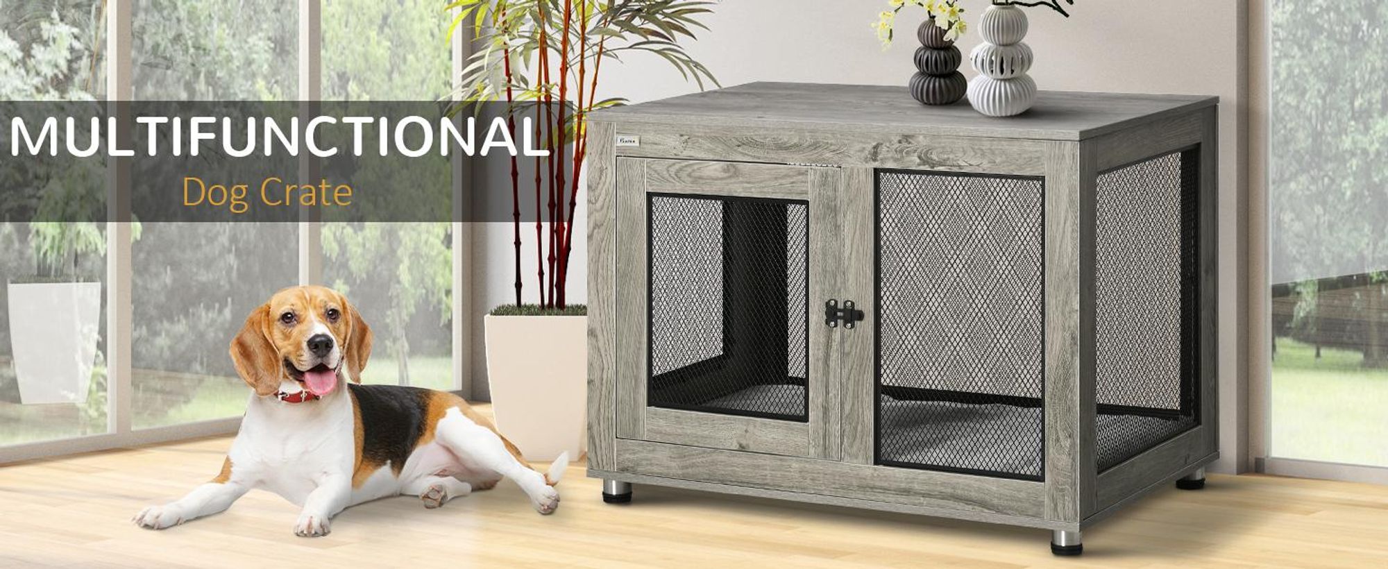 Klatka dla psa PawHut z 2 drzwiami, zmywalna poduszka, nowoczesna, stalowa, do użytku w domu, buda dla dużych psów do 30 kg, 94 x 60 x 71,5 cm, szara