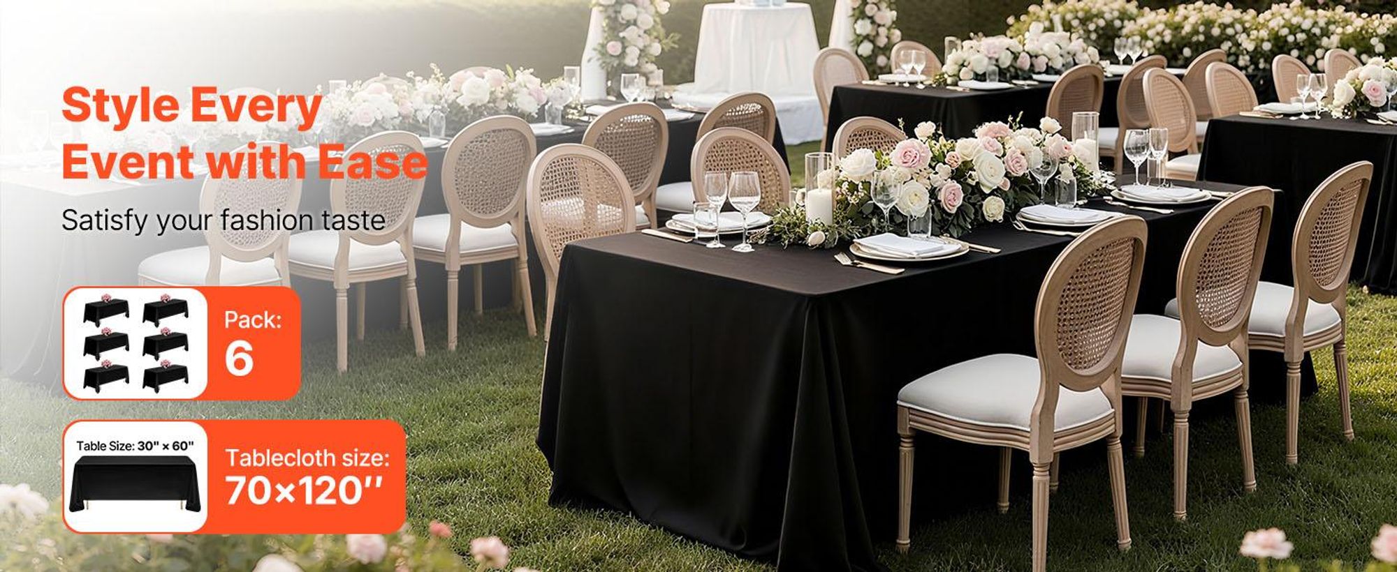 VEVOR Weiße Tischdecken für rechteckige Tische, 6er-Pack, 60 x 102 Zoll, wiederverwendbare und maschinenwaschbare Tischdecken, knitterfreies Polyestergewebe Tischüberzüge für Hochzeit, Party, Bankett, Schwarz-6 Stück, 1778x3048 mm-a