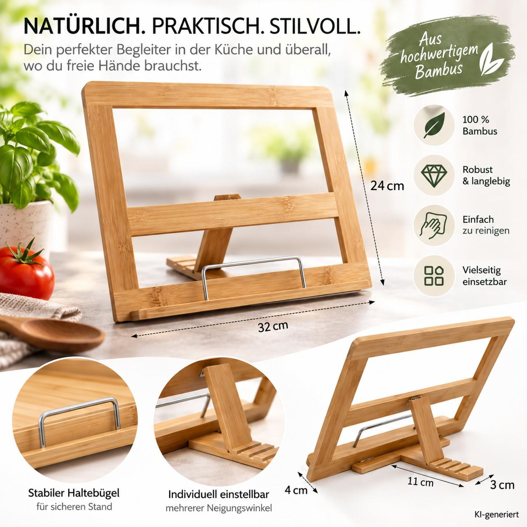 Bambus Kochbuchhalter 3-fach verstellbar, Buchständer & Tabletständer mit Metallhalterung, 32 x 24 cm, für Koch- und Rezeptbücher