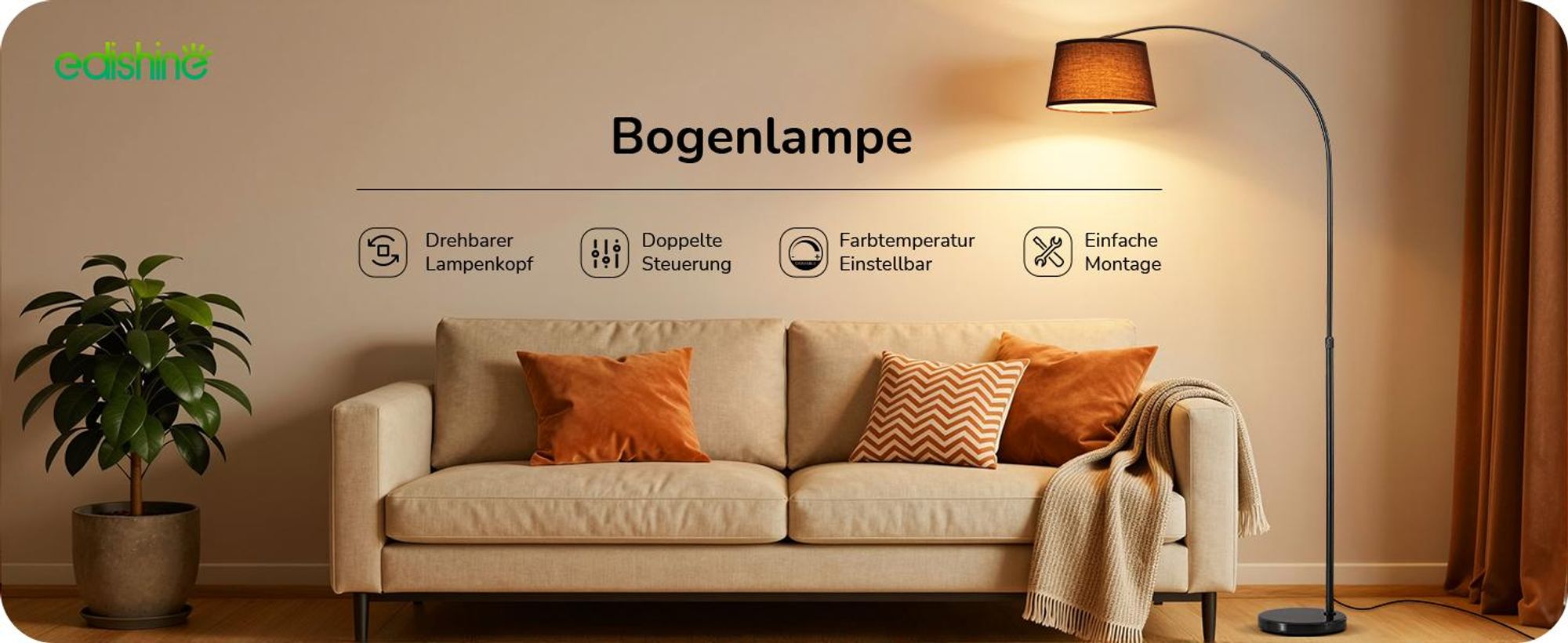 EDISHINE Stehlampe Wohnzimmer Dimmbar, Bogenlampe 143-176cm verstellbar, mit magnetische Fernbedienung, drehbarem Lampenkopf
