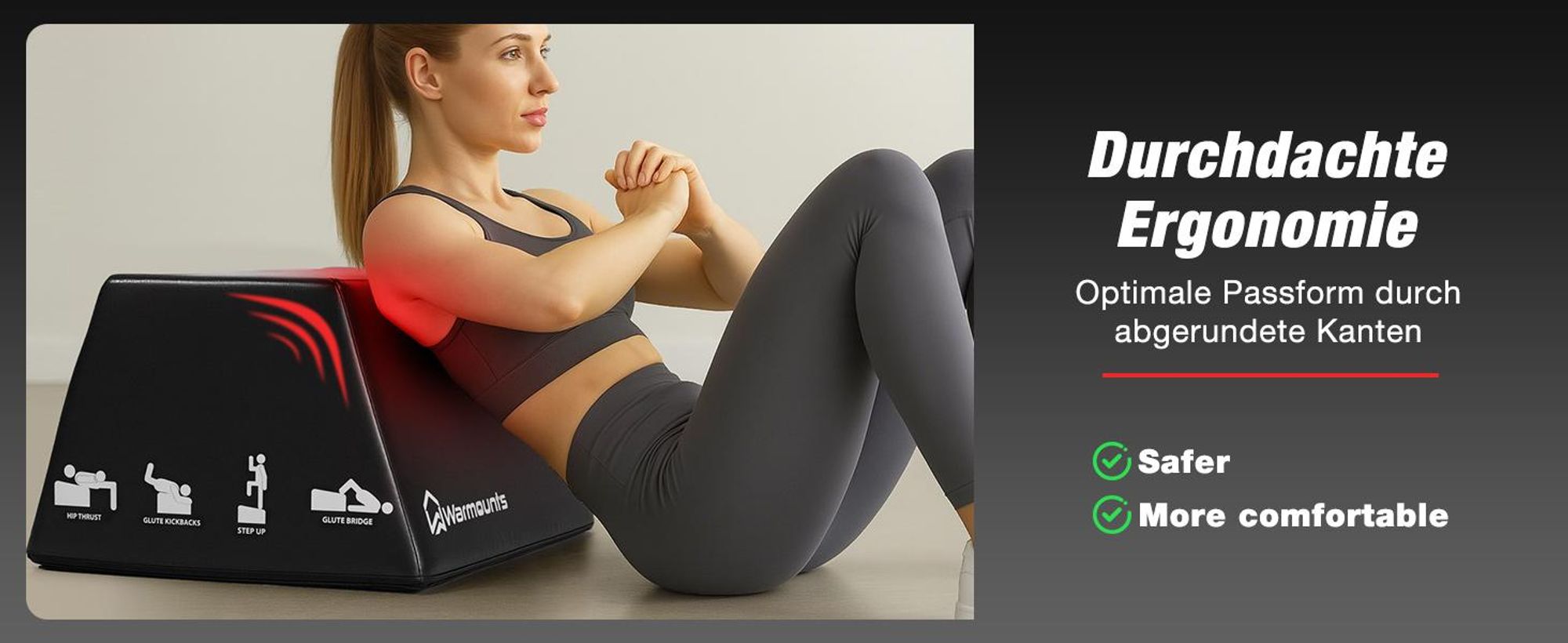 WARMOUNTS Hip Thrust Bank 317kg Belastbar Glute Bridge Box Krafttraining Home Gym Rutschfest mit Griff, Größe L 44x59,9x30cm