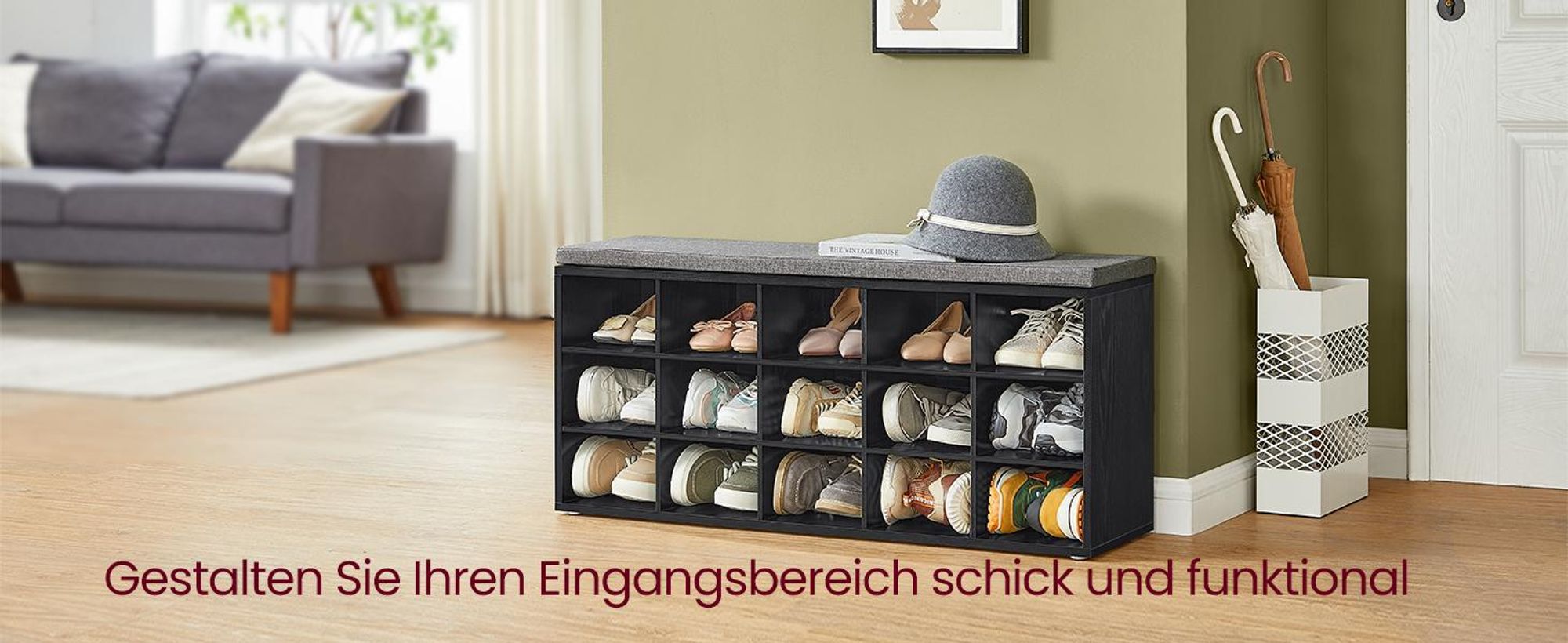 VASAGLE Schuhbank, Sitzbank, Schuhregal, mit Kissen und 15 Fächern, ebenholzschwarz-schiefergrau