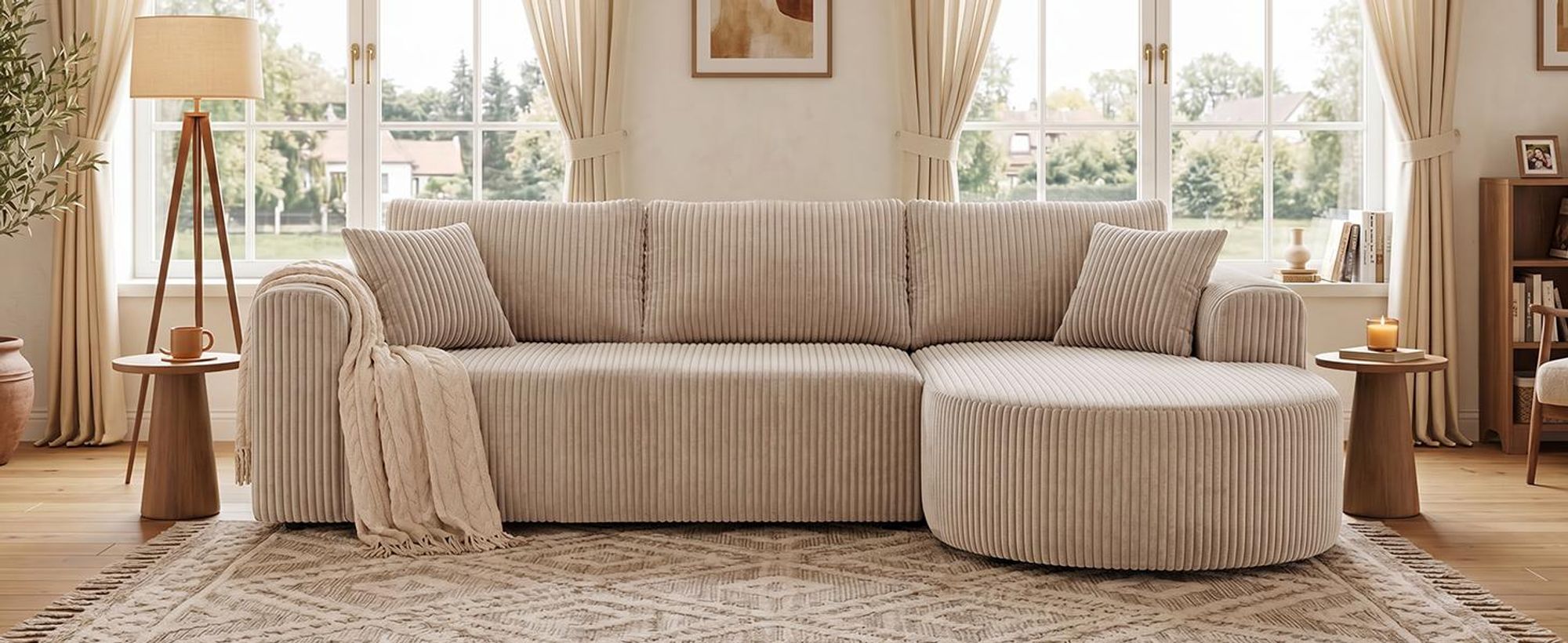 Divano angolare con funzione letto, divano modulare in velluto senza braccioli, divano con chaise longue, divano a forma di L con funzione letto, divani componibili con cuscini e tasche laterali, lunghezza 243 cm