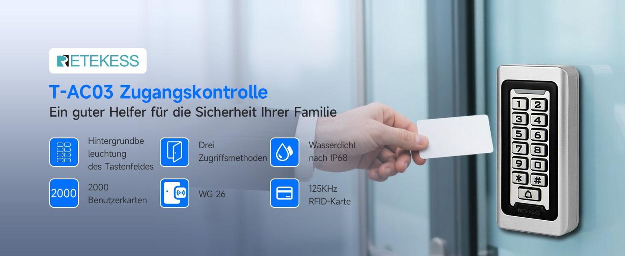 Retekess T-AC03 Codeschloss Türschloss, Codeschloss Garagentor, Wasserdichte RFID IP68, Codetaster  Garagentor, für Fabrik Warehouse Wohngebäude Bank