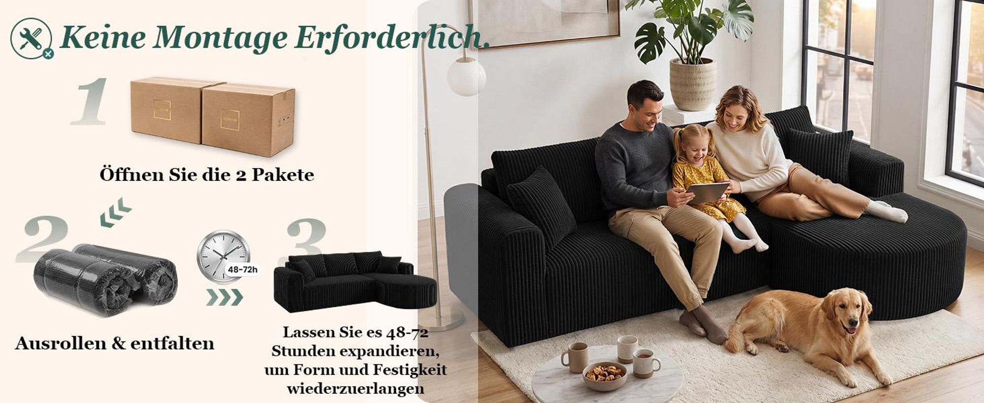 Sofa Ecksofa mit Schlaffunktion, Corduroy Modulares Boneless Couch mit Chaiselongue, L-Form Schlafsofa, Sektionssofas mit Kissen & Seitentaschen 243cm