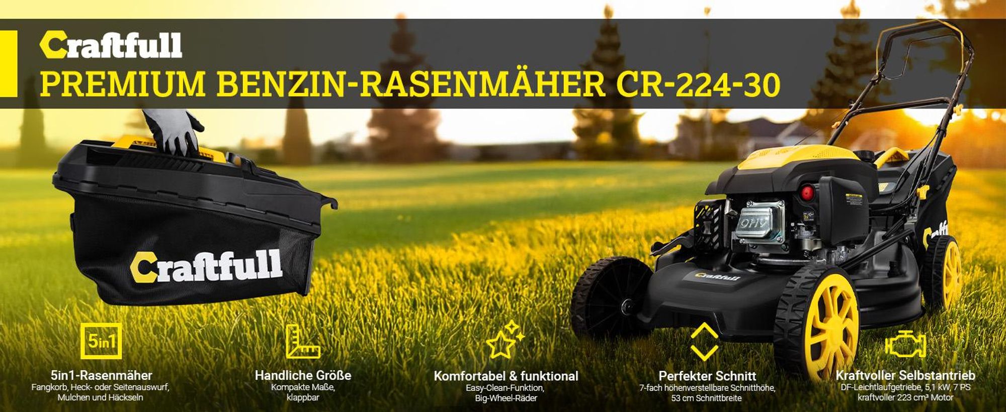 Craftfull Benzinrasenmäher CR-224-30 | Selbstfahrantrieb - Benzin Rasenmäher - Mäher - 53 cm Schnittbreite in 7 Höhenstufen - 4,2 kW/5,7 PS - 223 cm³