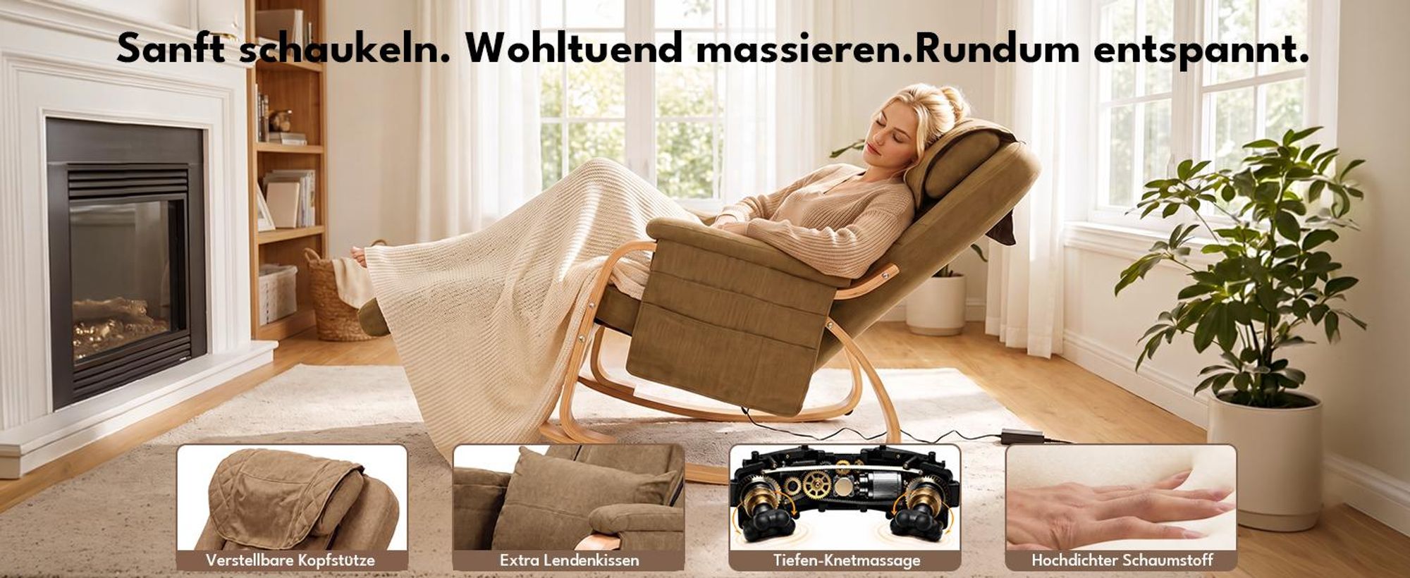 Schaukelmassagesessel mit Massagefunktion, verstellbarer Kopfstütze und Lendenkissen für Zuhause