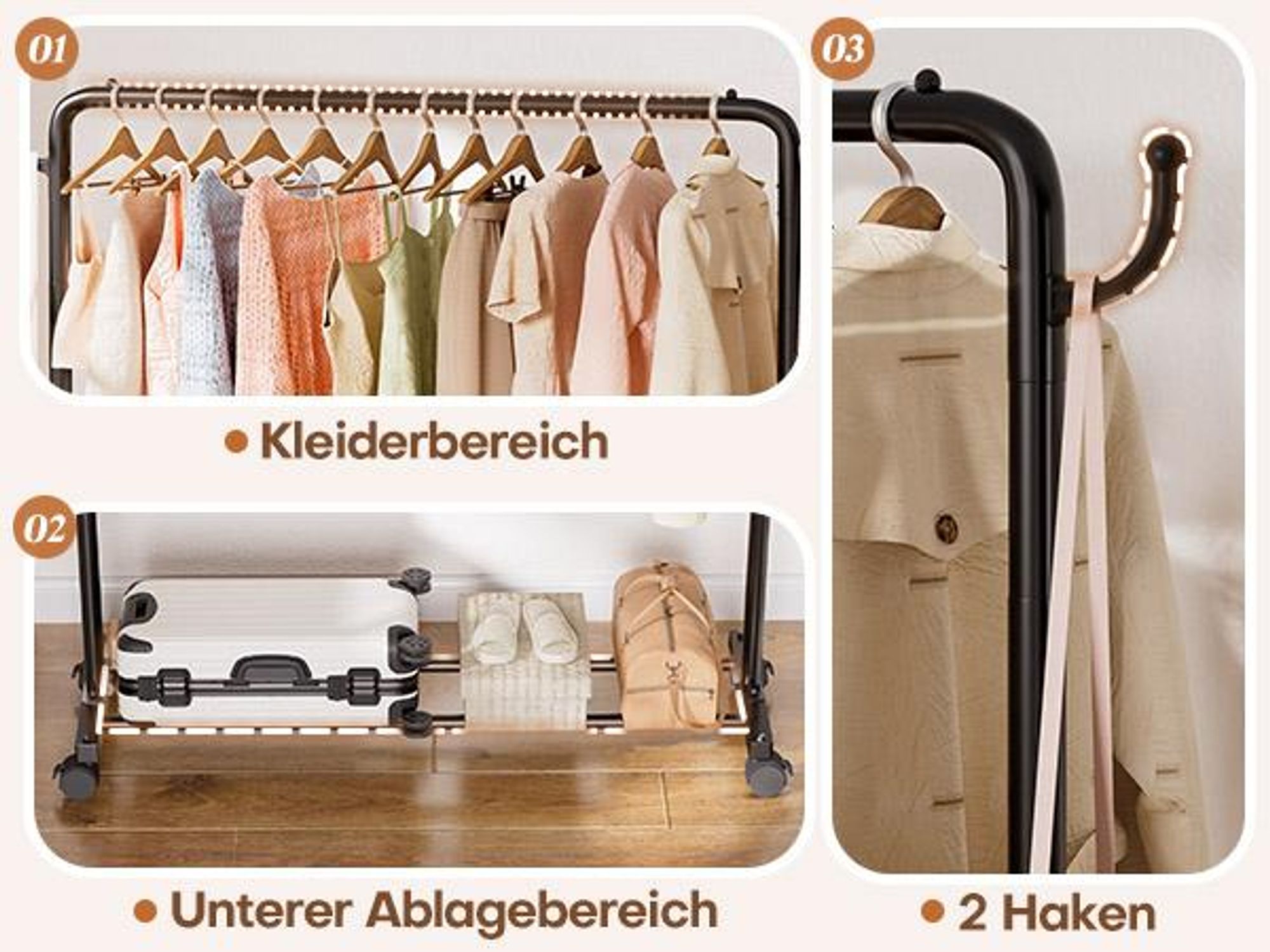 YORBAY Kleiderständer Garderobenständer auf Rollen, bis 50 kg belastbar Höhe verstellbar, 132cm breit, Schwarz