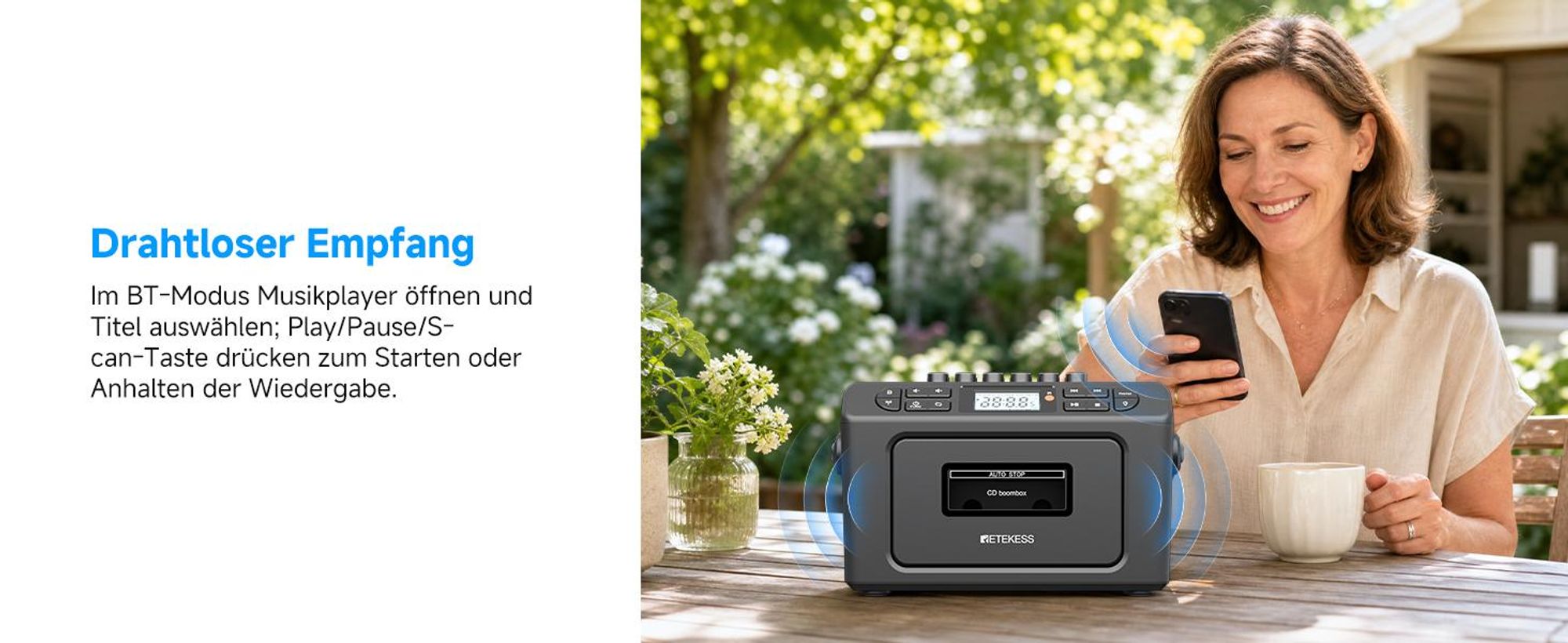 Retekess TR642 CD Player mit Kassette,3W Lautsprecher,Stereo, Bluetooth,AM/FM-Radio,AUX,5000mAh Akku,Boombox Kassettenspieler für Kinder Erwachsene