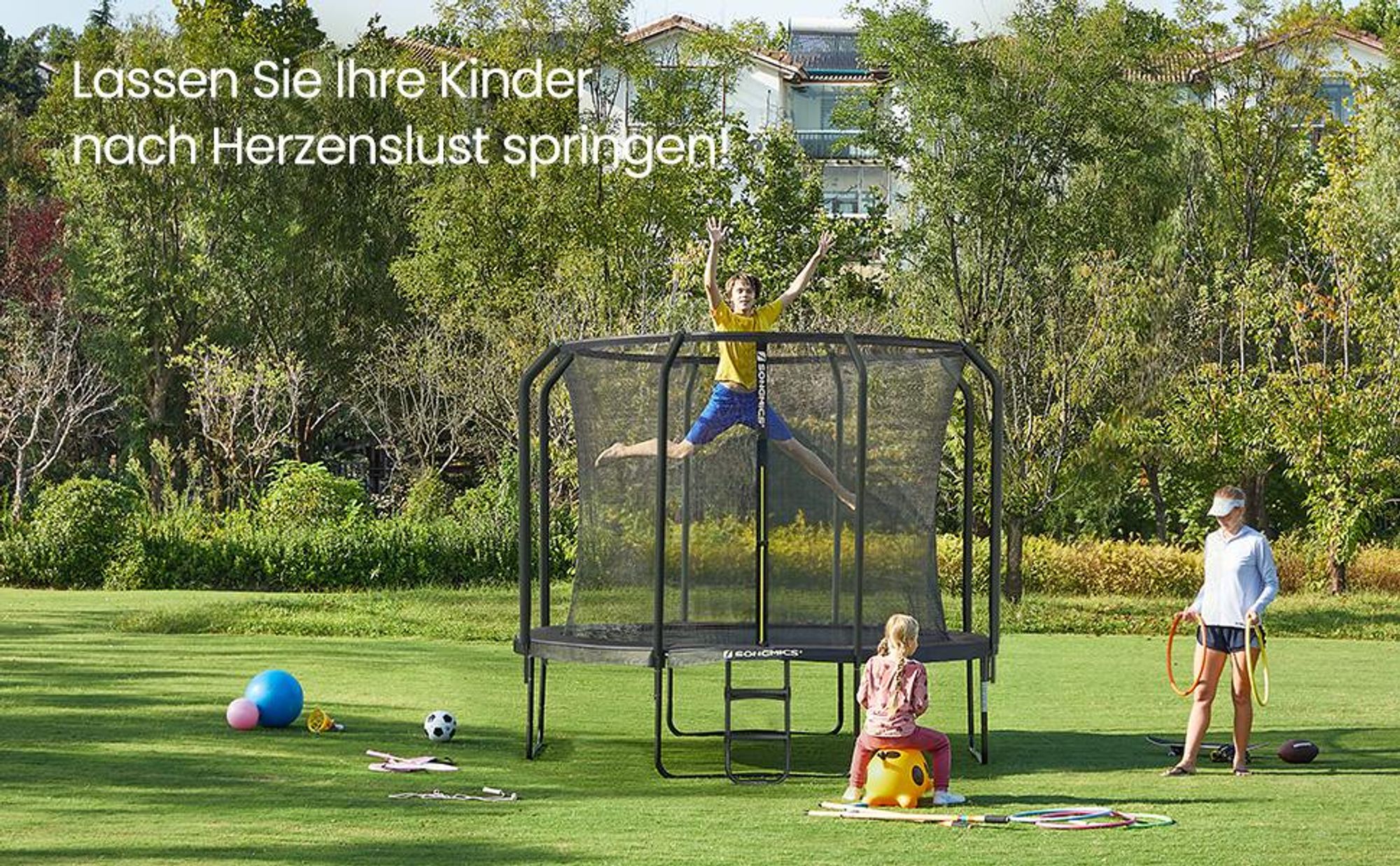 SONGMICS Trampolin 305 cm d, Gartentrampolin für Kinder mit Sicherheitsnetz, Randabdeckung, Leiter, schwarz