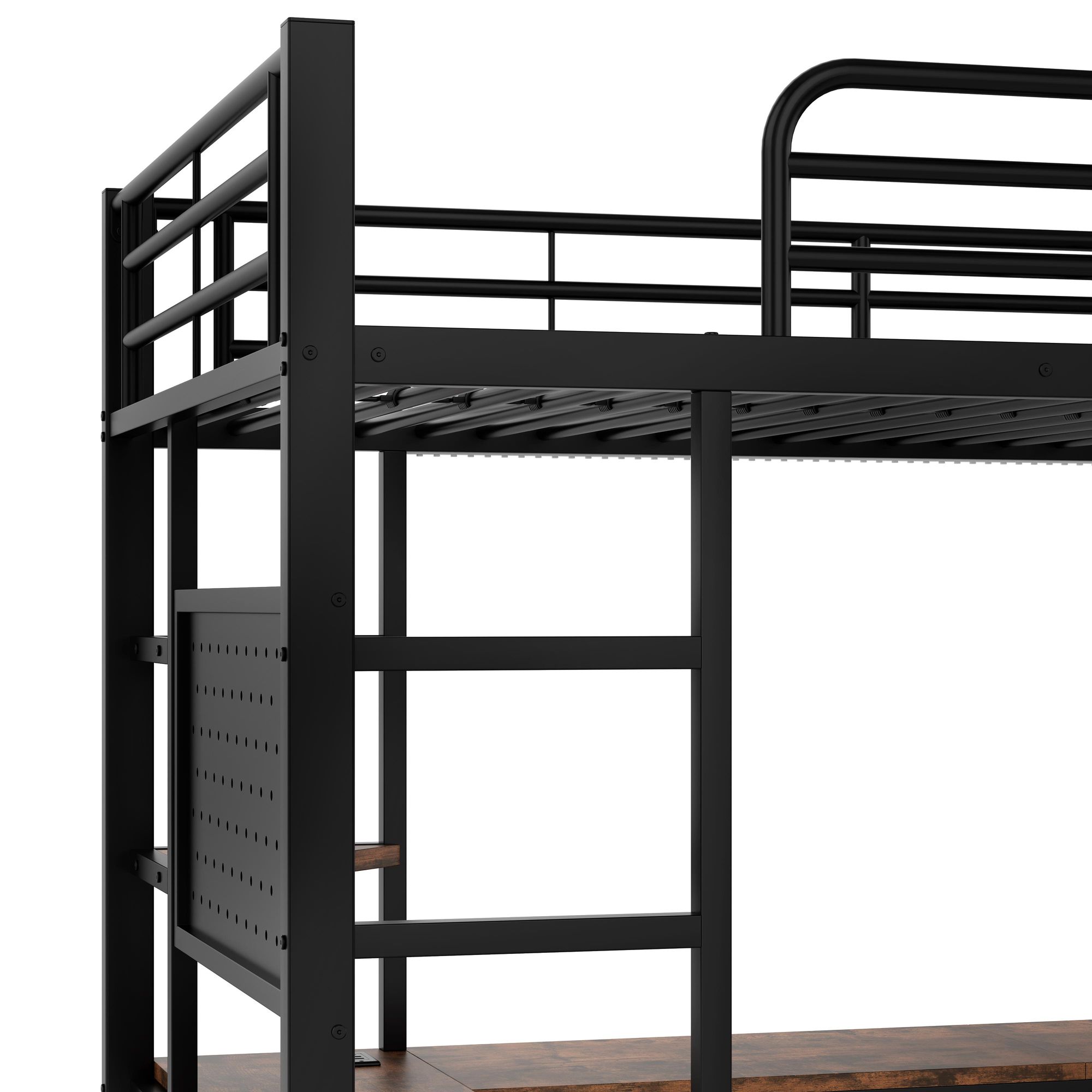 Merax Etagenbett Hochbett 90x200 cm, mit Schreibtisch, Lochbrett, Ablagen, Eisenbett mit LED-Leiste, USB & Type-C, Kinderbett, Stockbett, Schwarz