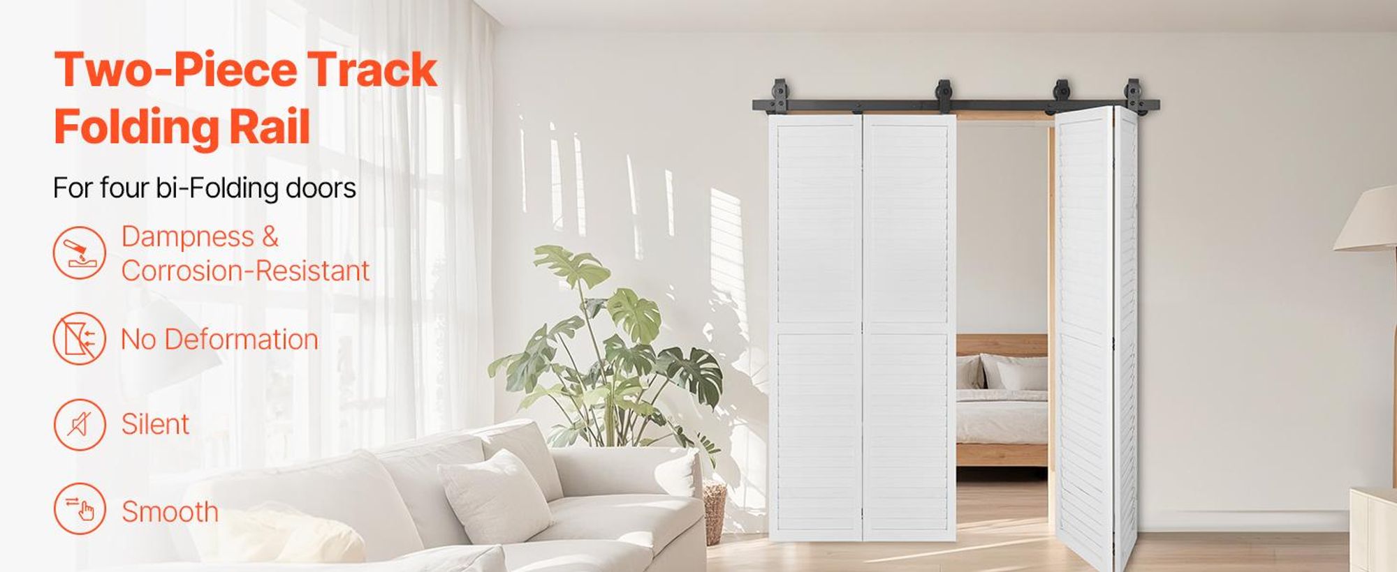 VEVOR Bi-Folding Schiebetürbeschläge Schienenkit, 60" Obermontageschienenkit, Gleitet Sanft & Leise, Schwerlast, Einfach Zu Installieren, Geeignet Für Vier 14" Schrank Vorratsraum Wäschetüren (Nicht Enthalten), 2-teilige Strecke, Einzelne Strecke mit vier Türen