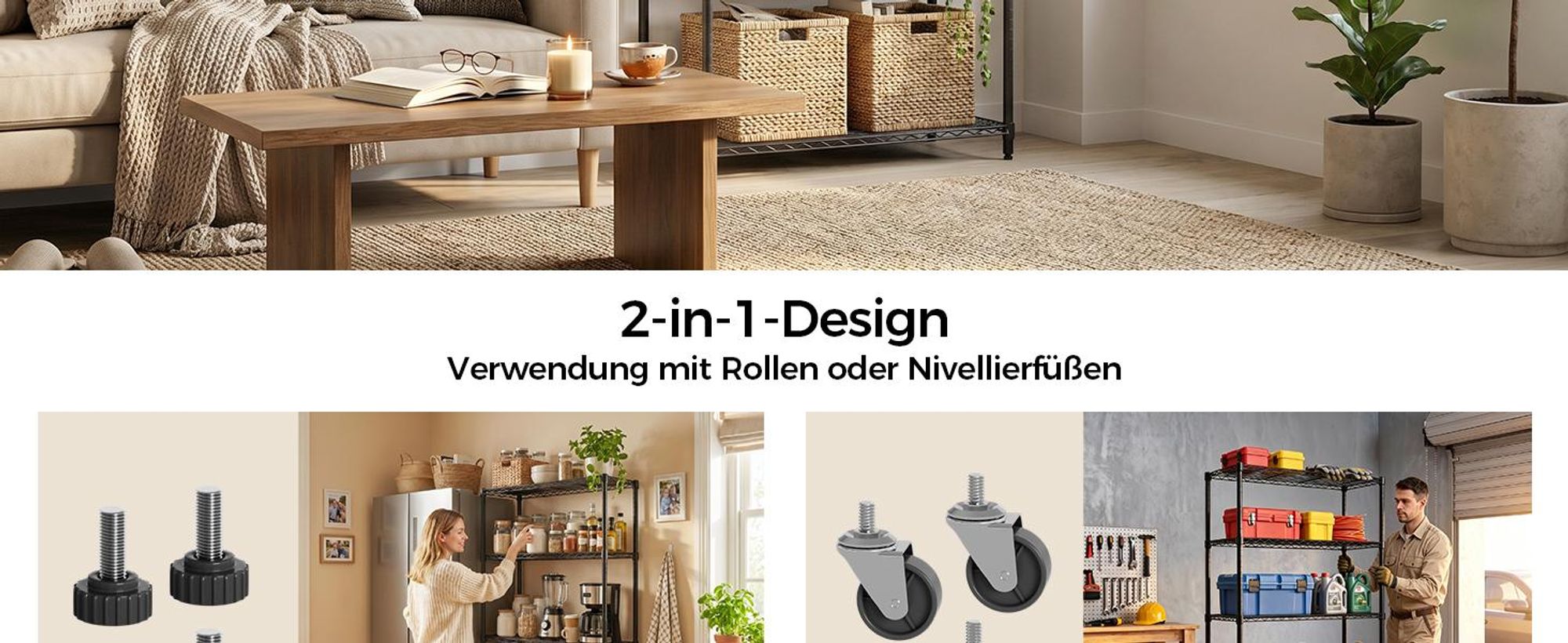 Mondeer Regal Aufbewahrungsregal 5-Stufiges Küchenregal, mit 4-Rädern, PP-Trennwand Schwarz