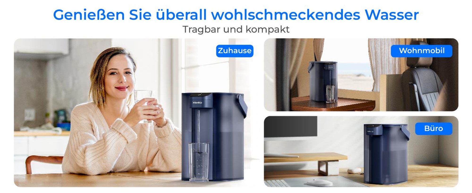 Waterdrop Instant Eletric Wasserfilter Kanne, 3.5L 3 Monate Wasserfilter Outdoor Trinkwasser System, Blau(mit 3 757 Liter Filter)