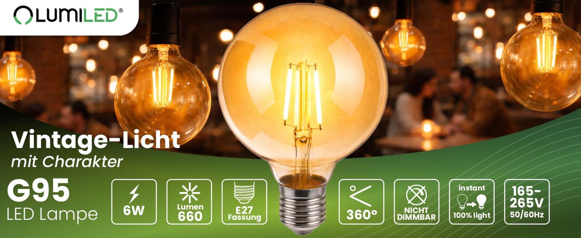 LUMILED 3x E27 LED Lampen G95 Vintage 6W Ersetzt 50W Glühlampe 660lm Leuchtmittel 2000K Warmweiß Glühbirne Retro Filament Amber Glas Kugel Deko