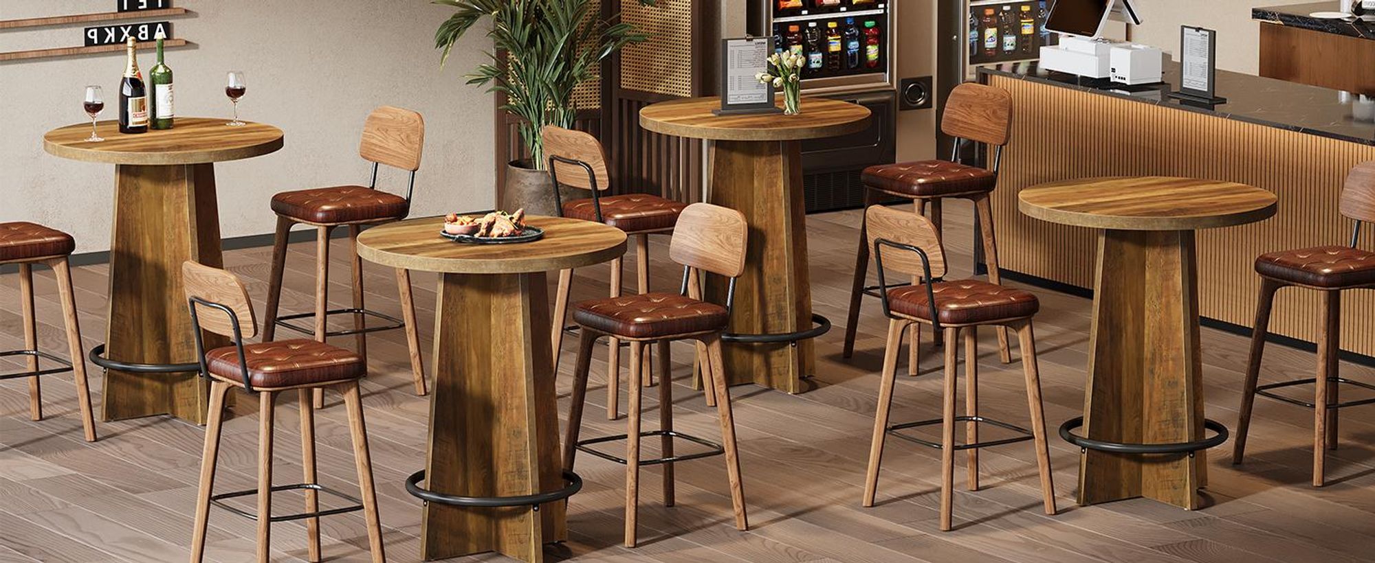 Tribesigns Runder Bartisch, 95 cm hoher Bistro-Stehtisch aus Holz mit Untergestell und Metallring-Fußstütze für Cafés, Zuhause, braun (nur Tisch)