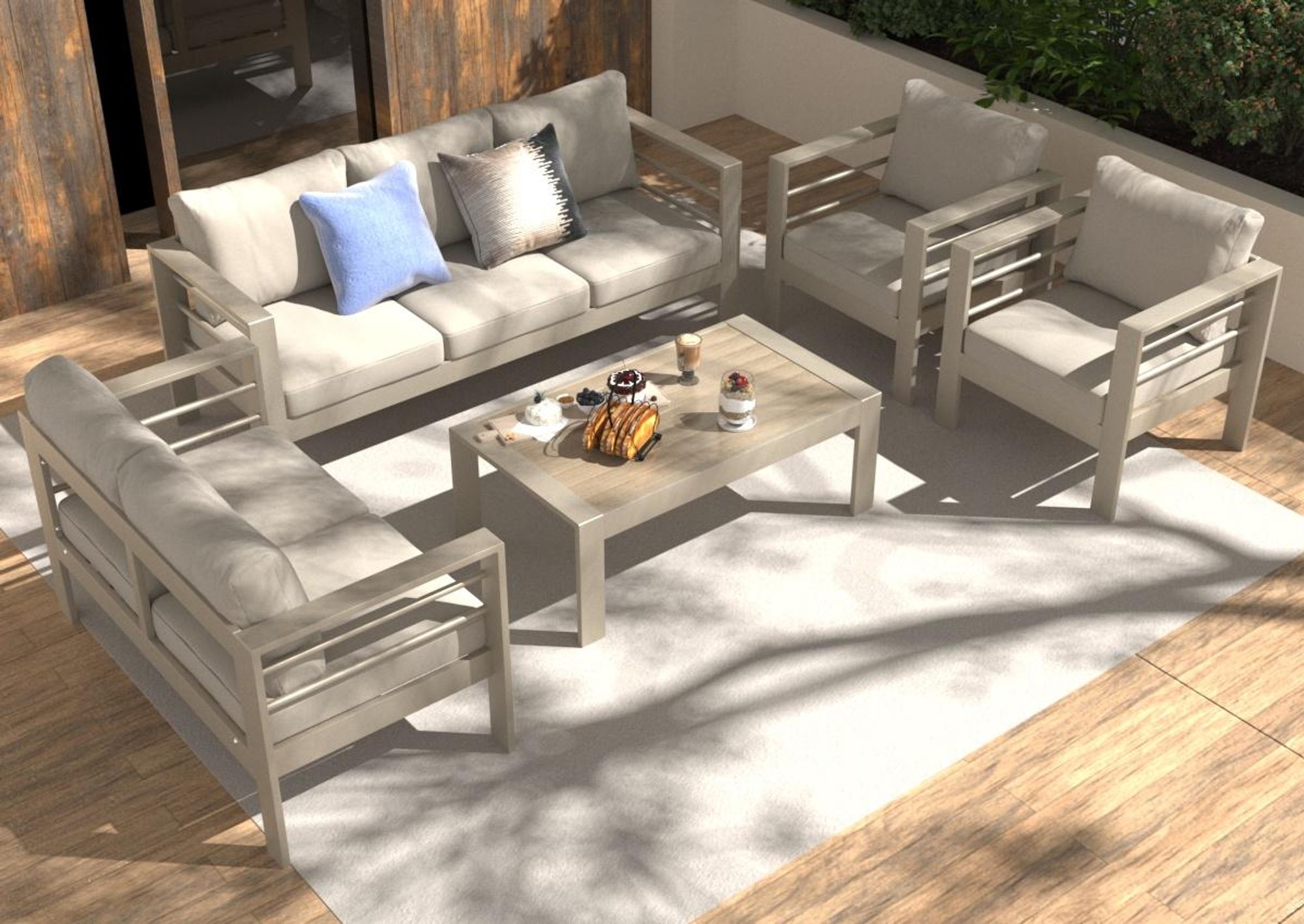 MeXo Gartenmöbel Set Beige Aluminium 6-7 Personen outdoor wetterfest, 12cm Deluxe Relax-Sitzkissen, Gartenlounge-Set 5-tlg. mit 8 cm breite Armlehnen