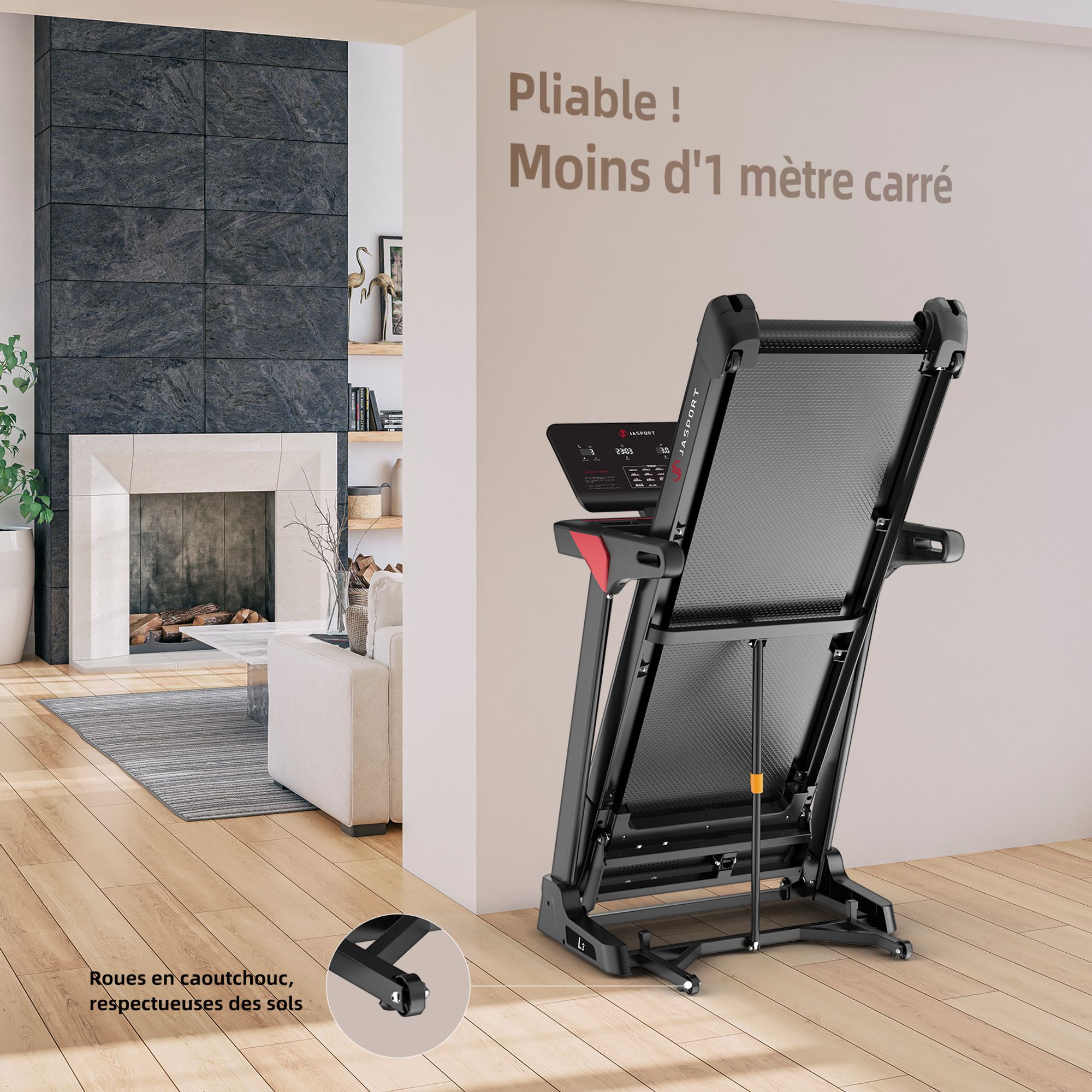 JASPORT L3 tapis de course: pliable, silencieux, Bluetooth, 4CV, jusqu’à 20km/h, inclinaison 18%, surface 1340x480mm, 120kg