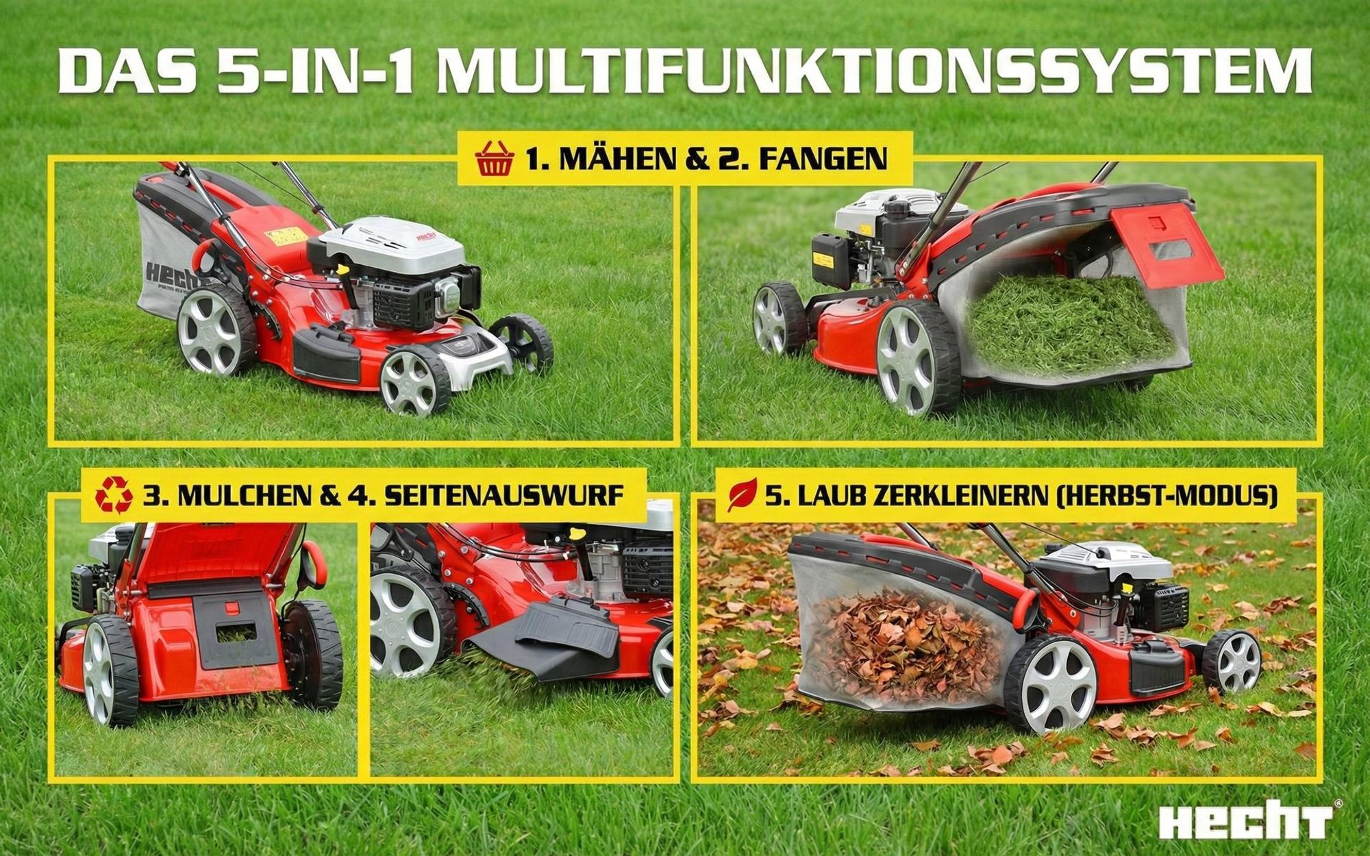 HECHT 5534 SX Rasenmäher Benzin | mit Antrieb | 5in1 | 51 cm Schnittbreite | 60L | Fangkorb | Mulchkit | Zentrale 7-fach Höhenverstellung