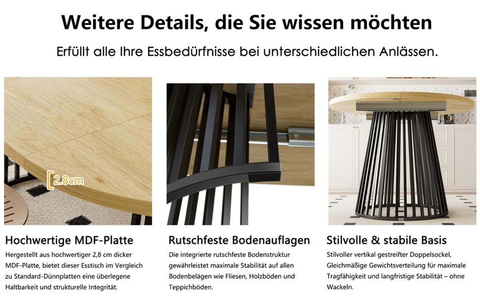 Runder Ausziehbarer Tisch für Esszimmer, 100-180cm 4-8 Personen, Esstisch Skandinavische Loft-Stil Saulengestell mit Rillenstruktu Metallbeinen