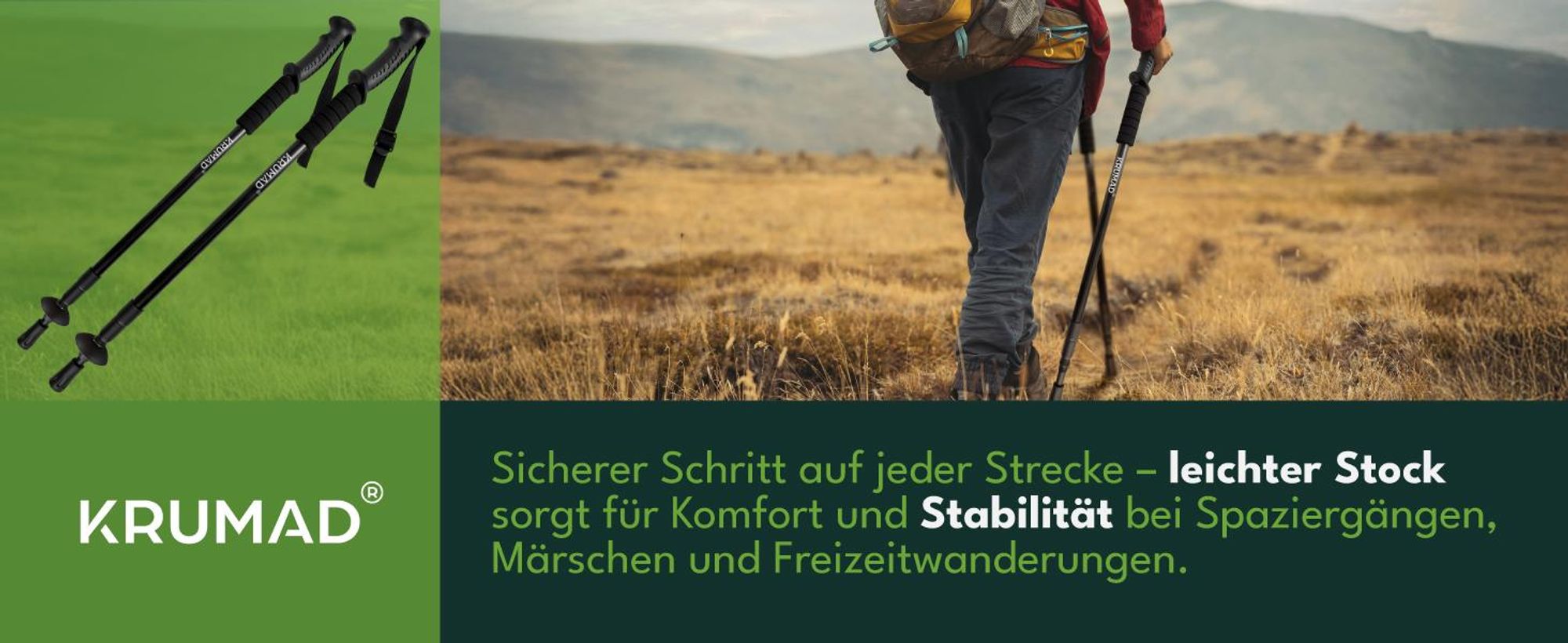 KRUMAD Trekkingstöcke, Nordic Walking Stöcke Aluminium, 2 Stück, Teleskopische Wanderstöcke verstellbar 53–110 cm / 64–134 cm, für Damen und Herren