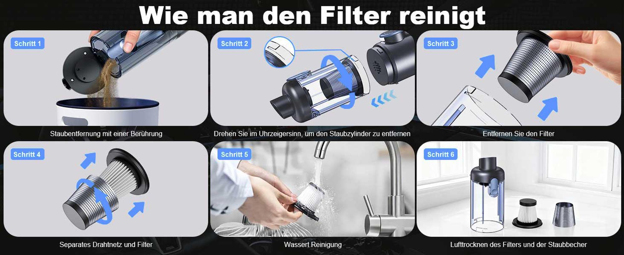 Handstaubsauger Akku 4-in-1, 18000Pa, 130W kabelloser Autostaubsauger, 6000mAh, Staubsauger mit Bürstenloser Motor, für Tierhaare, Auto, PC,Sofa, Haus