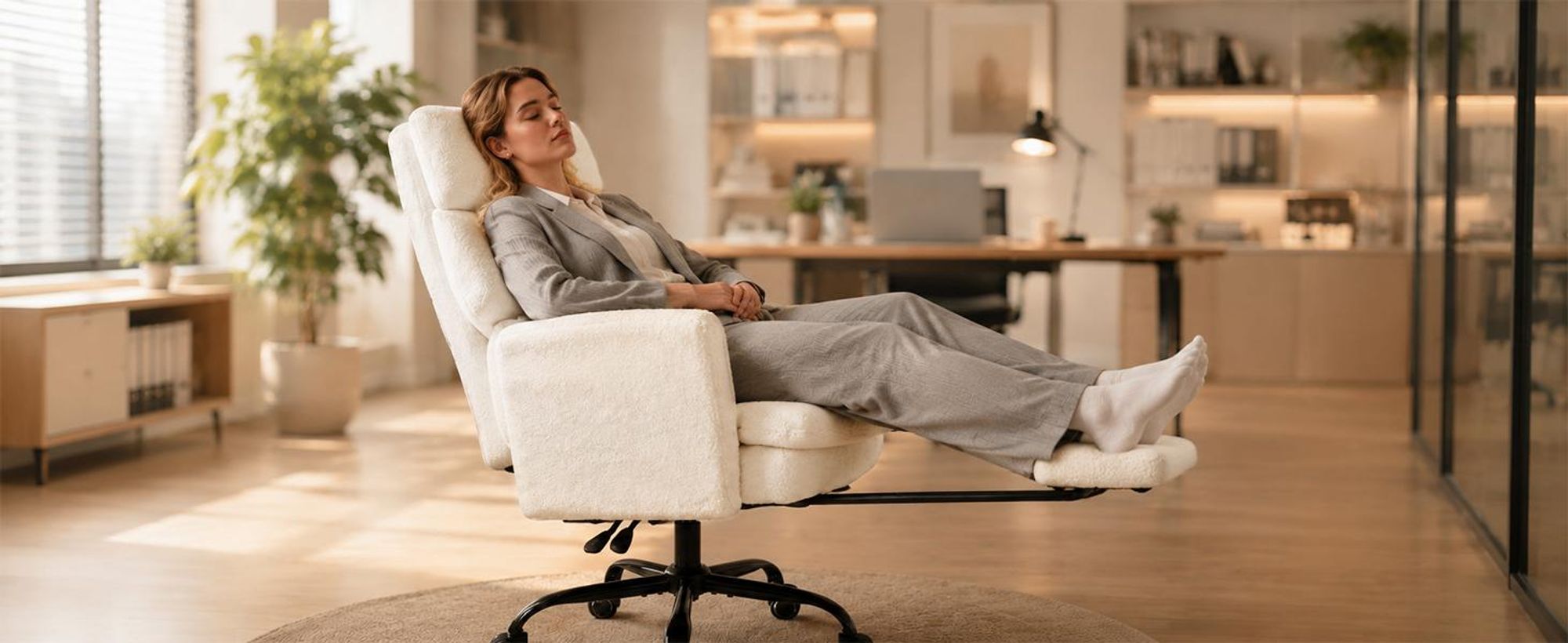 Drehstuhl Bürostuhl Ergonomisch mit klappbaren Armlehnen, Gaming Stuhl mit Fußstütze & 135° Verstellbarer Rückenlehne, Weiß -Teddy-Fleece-Stoff