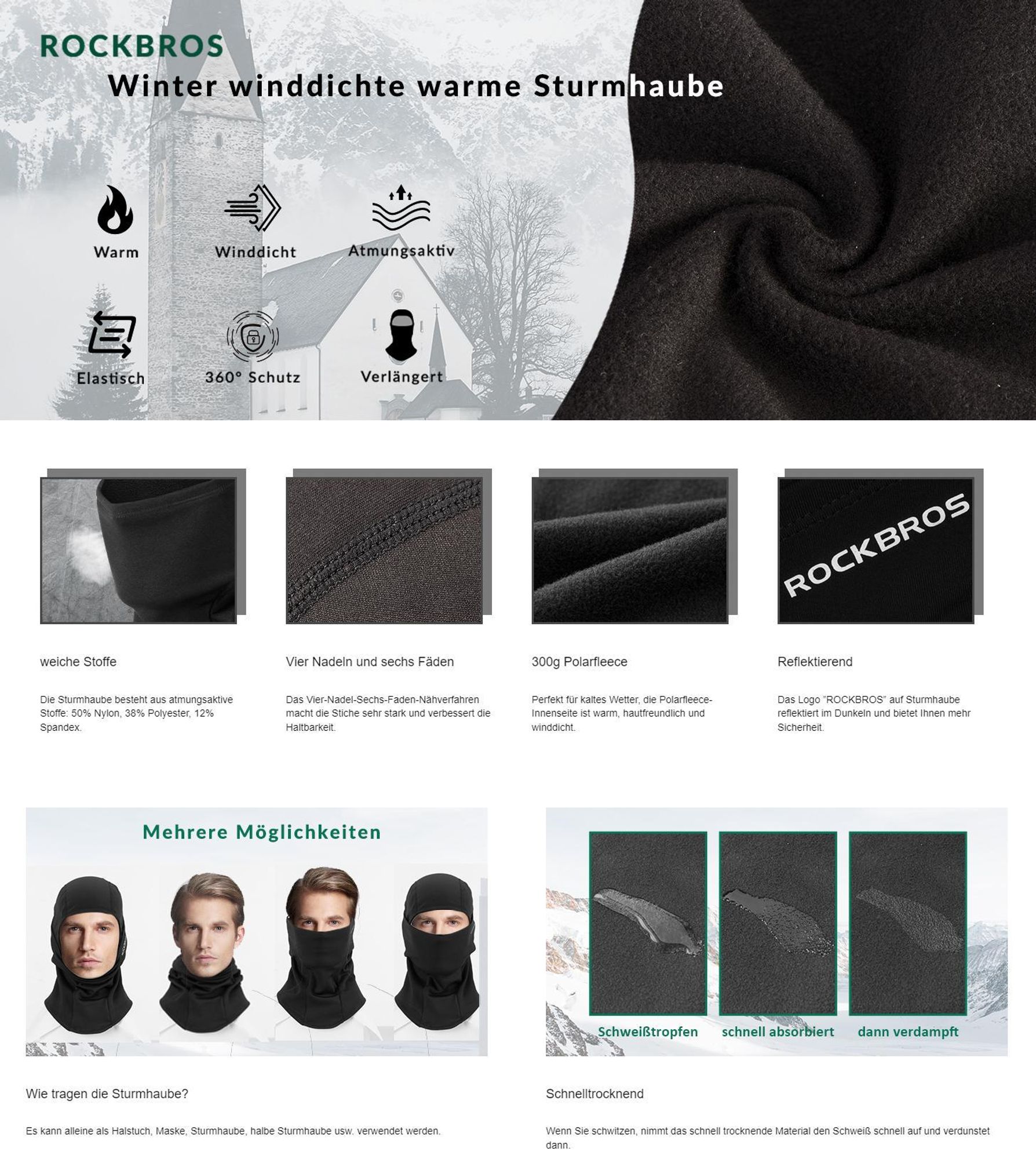 ROCKBROS 2 PCS Sturmhaube Balaclava für Outdoorsports Radfahren Herbst/Winter Fahrrad Maske Reflektierend  Anti-Staub Atmungsaktiv für Damen Herren
