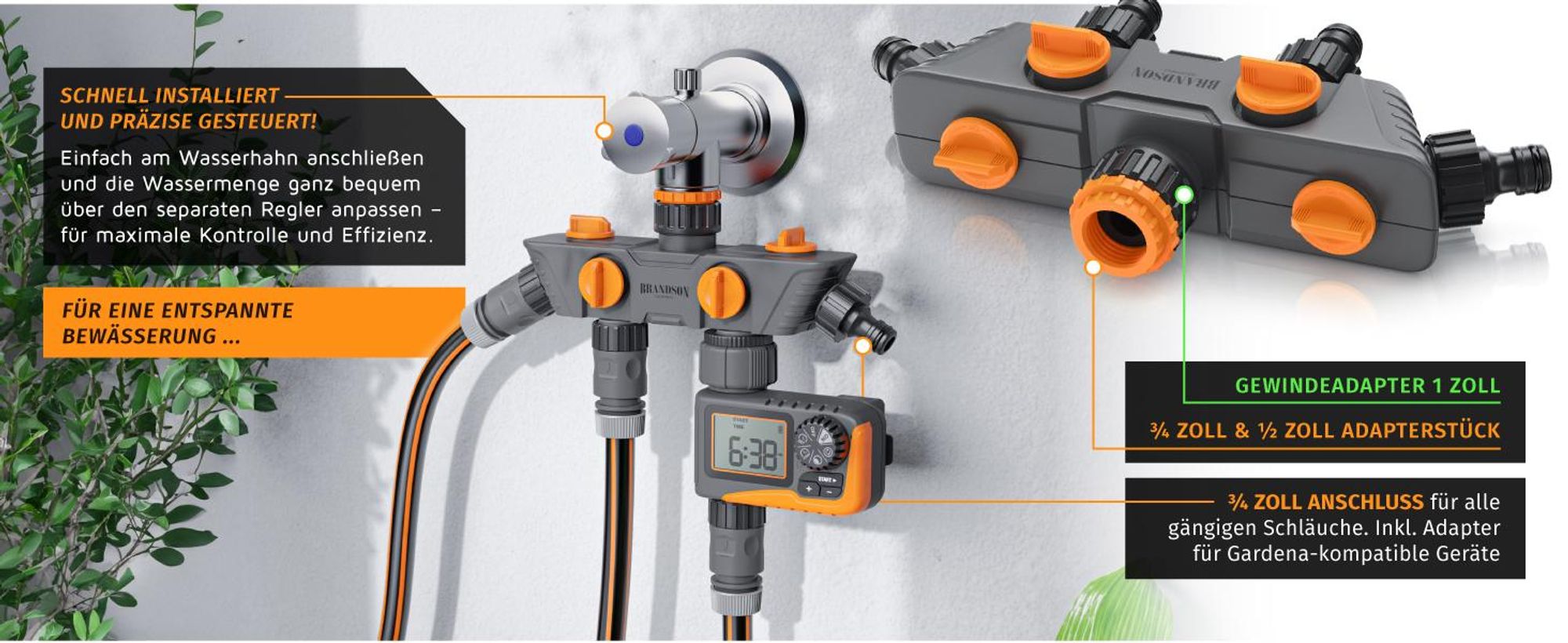 Brandson 4-Wege-Wasserverteiler für den Gartenschlauch, schnell installiert mit Adapterstück