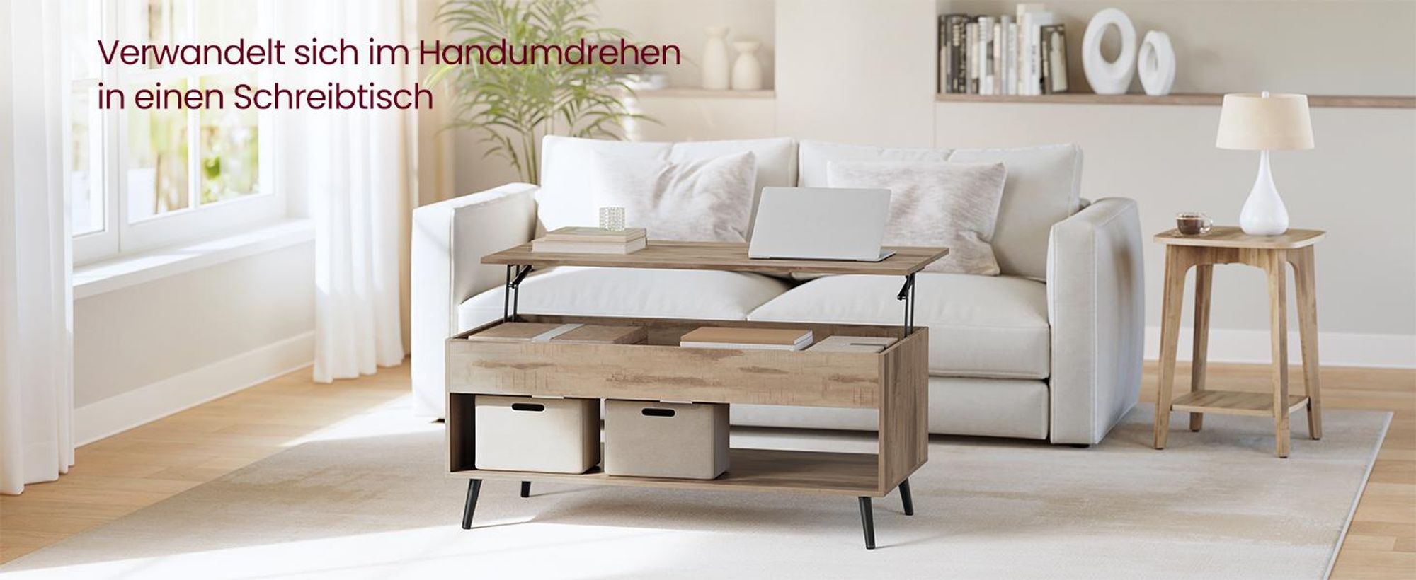 VASAGLE Wohnzimmertisch, höhenverstellbarer Couchtisch, verstecktes Fach, für Homeoffice, offenes Fach, kamelbraun-schwarz