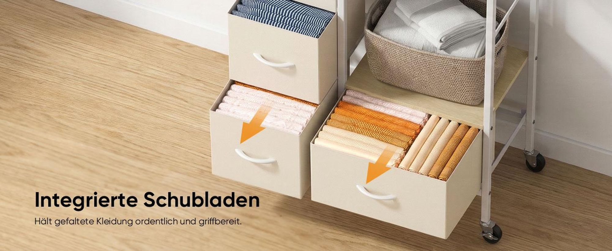 HOKEEPER Kleiderständer auf Rollen, fahrbarer Kleiderständer mit Schubladen, Kleiderstange, Jackenständer, Haken, offener Kleiderschrank, Beige